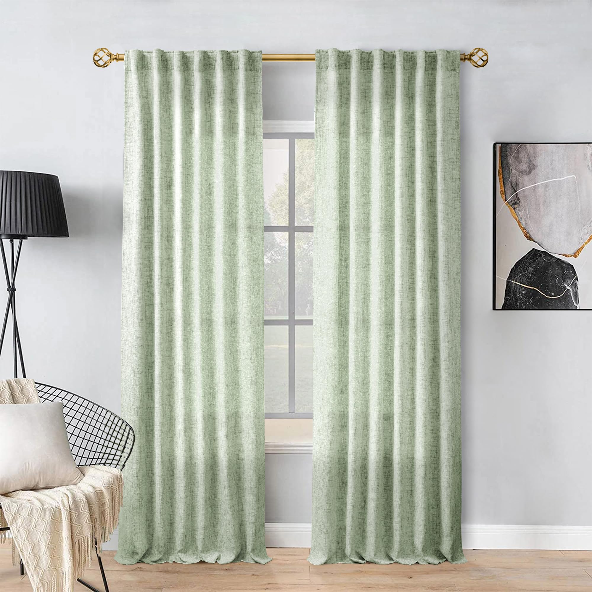 Meetbily 105 Inch Curtains Sage Green Linen Drapes For Living Room Semi Sheer Lightweight Airy Fabric Contemporary Decorative Li