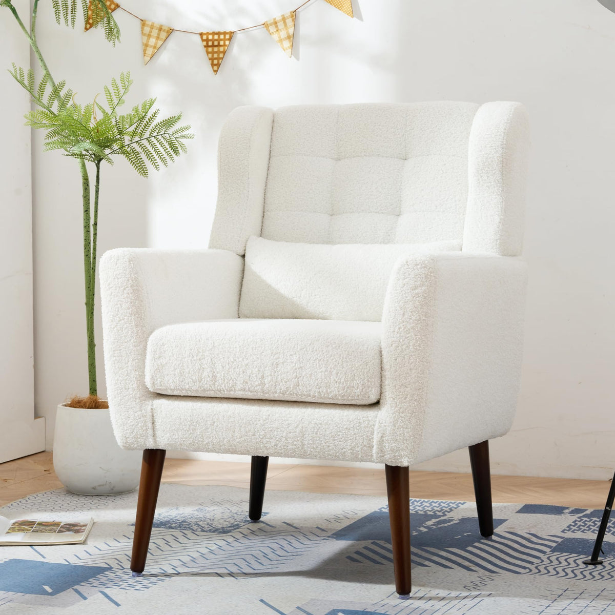 Qkff Modern Accent Chair, Upholstered Armchair With Pillow, Teddy Single Sofa Chair With Lounge Seat And Wood Legs Accent Chair