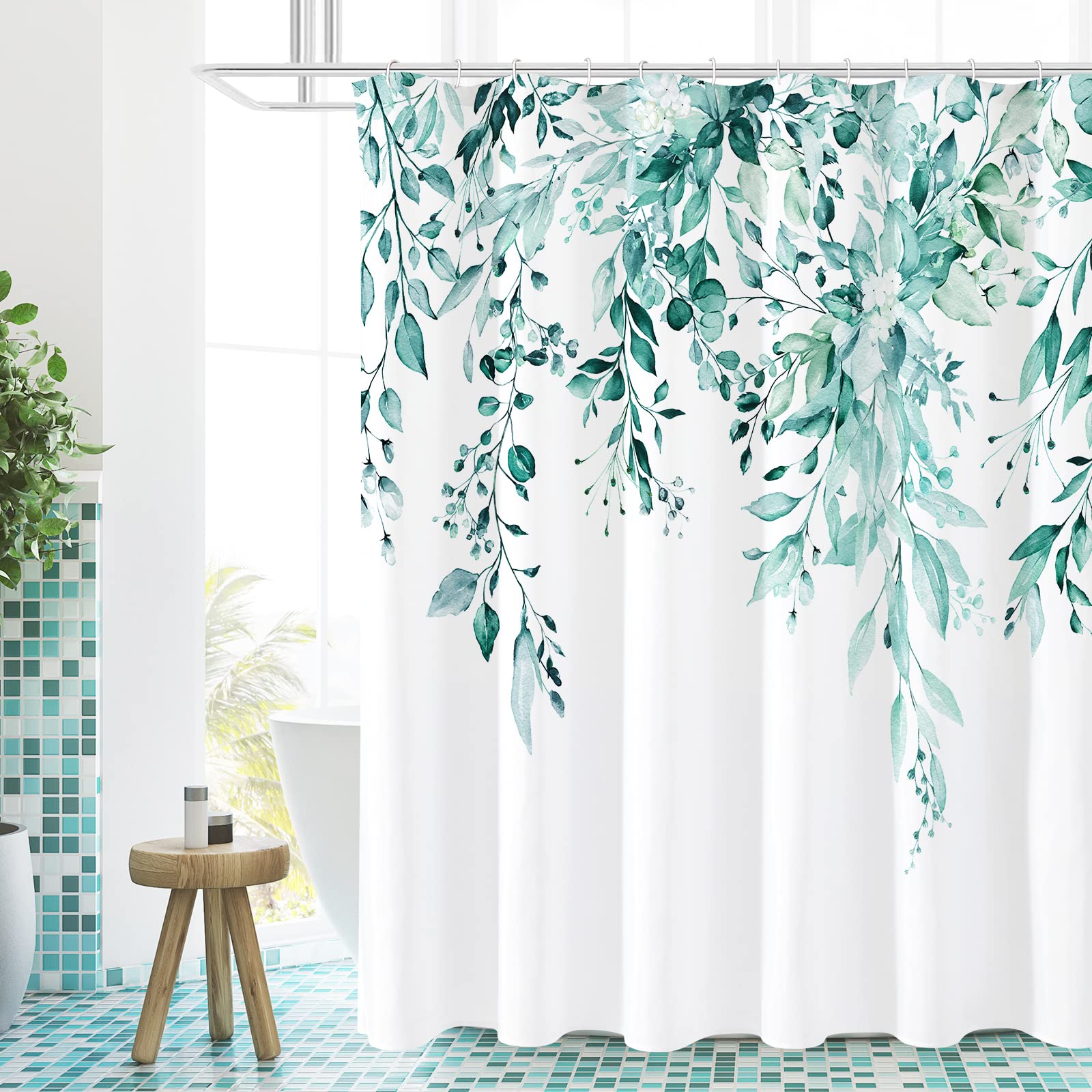 Gibelle Long Shower Curtain 72 x 78, Teal Floral Shower Curtain for Bathroom, Watercolor Plant Eucalyptus Leaves Fabric Shower C
