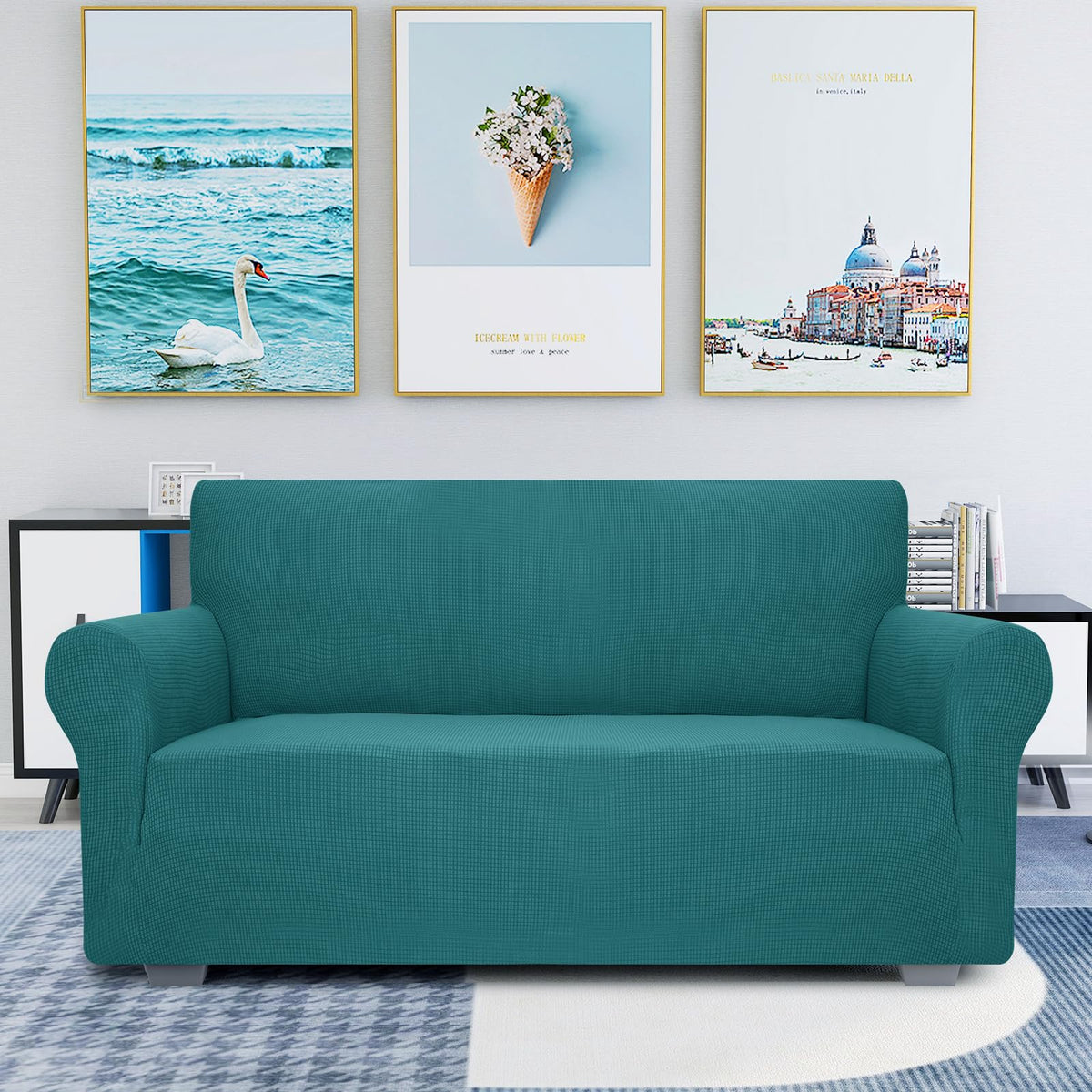 Jiviner High Stretch 1-Piece Jacquard Small Checks Couch Covers For 2 Cushion Couch Anti Slip Love Seat Sofa Covers Loveseat Slipcovers Protector For Kids Pets (Loveseat, Blakish Green)