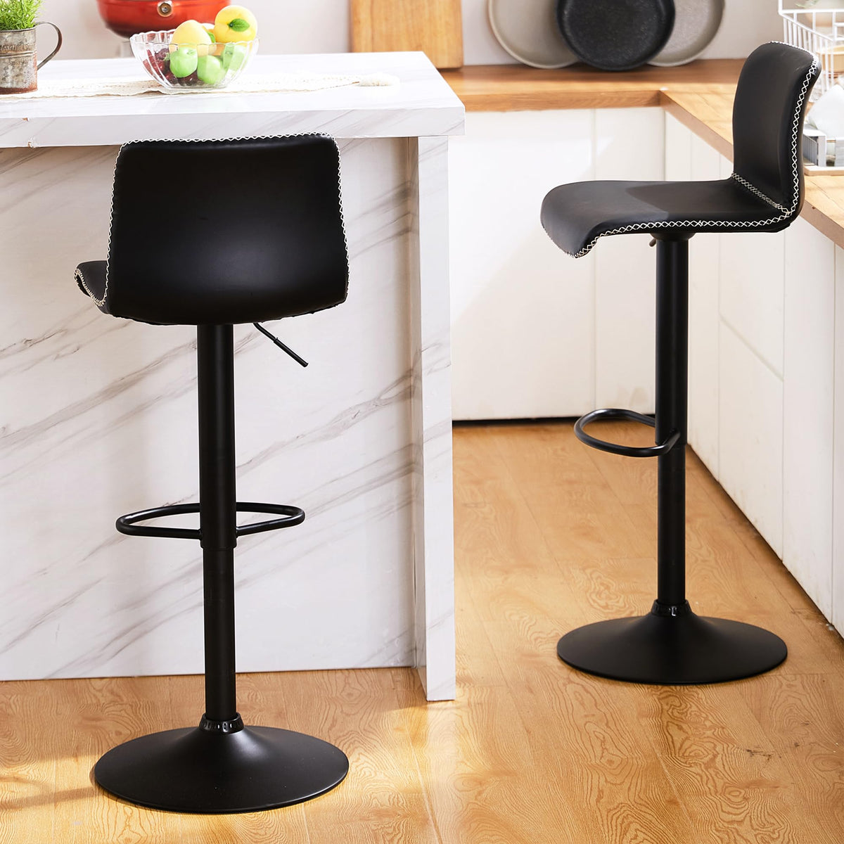 Heugah Swivel Bar Stools Set Of 2, Counter Height Bar Stools With Back, Adjustable Bar Stools 24' To 32', Black Faux Leather Bar Stools For Kitchen Island (Black, Set Of 2 (24'' To 32''))