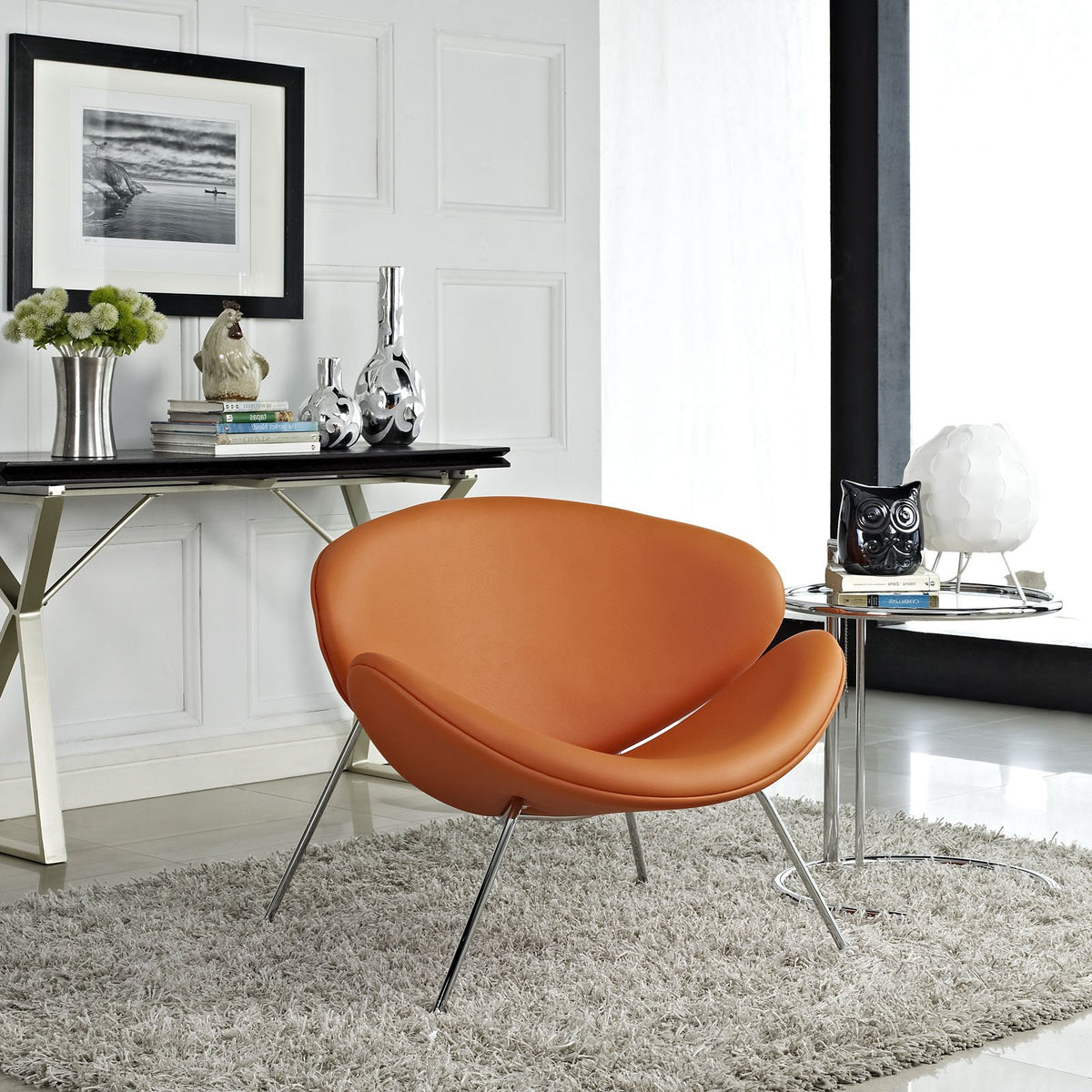 Modway Nutshell Mid-Century Modern Faux Leather Accent Lounge Chair In Orange