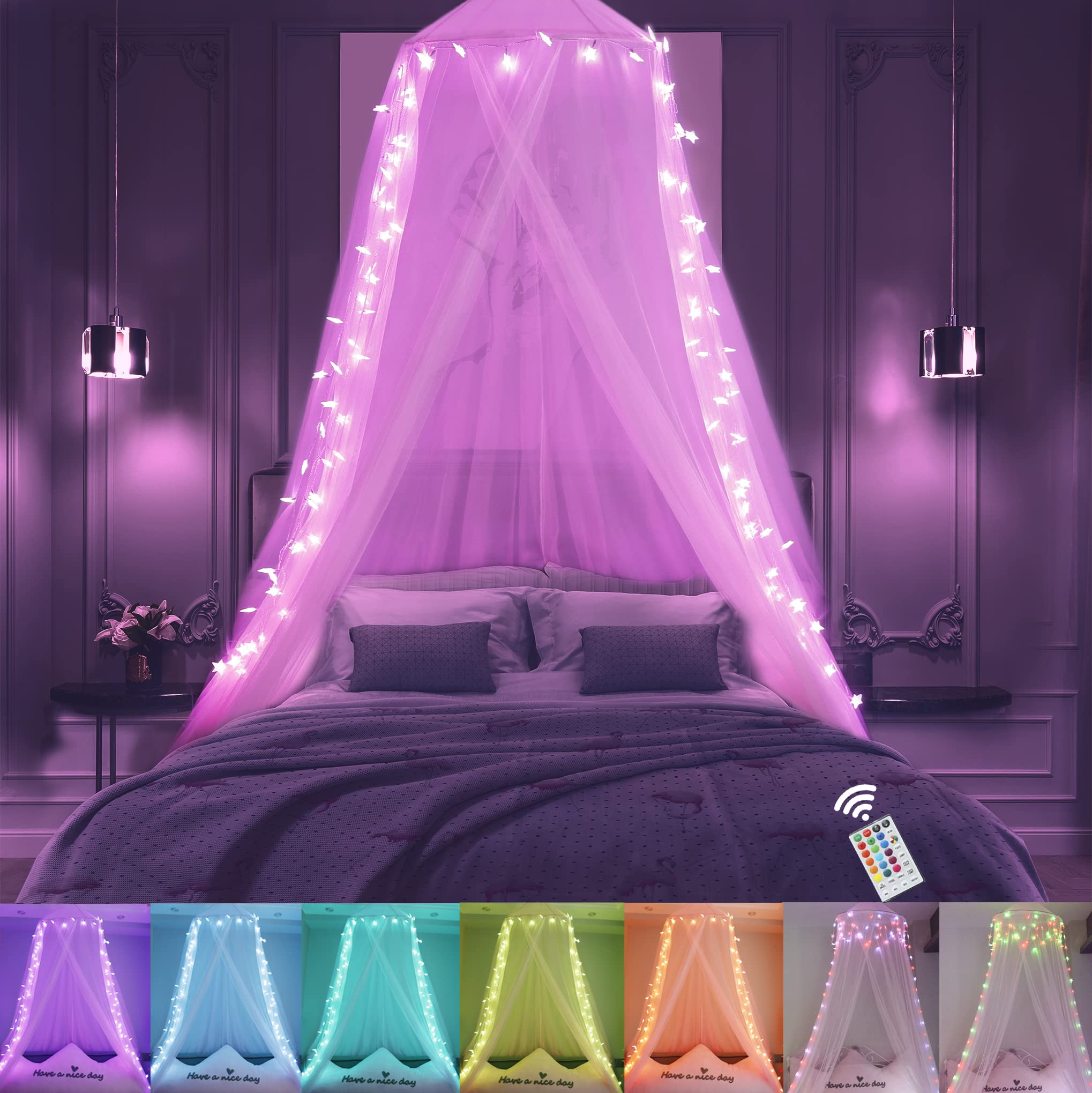 Obrecis Pink Bed Canopy For Girls, Bedroom Decor Princess Canopy Bed Curtain With Lights, 100 Led Star Fairy String Lights Hangi