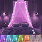 Obrecis Pink Bed Canopy For Girls, Bedroom Decor Princess Canopy Bed Curtain With Lights, 100 Led Star Fairy String Lights Hangi
