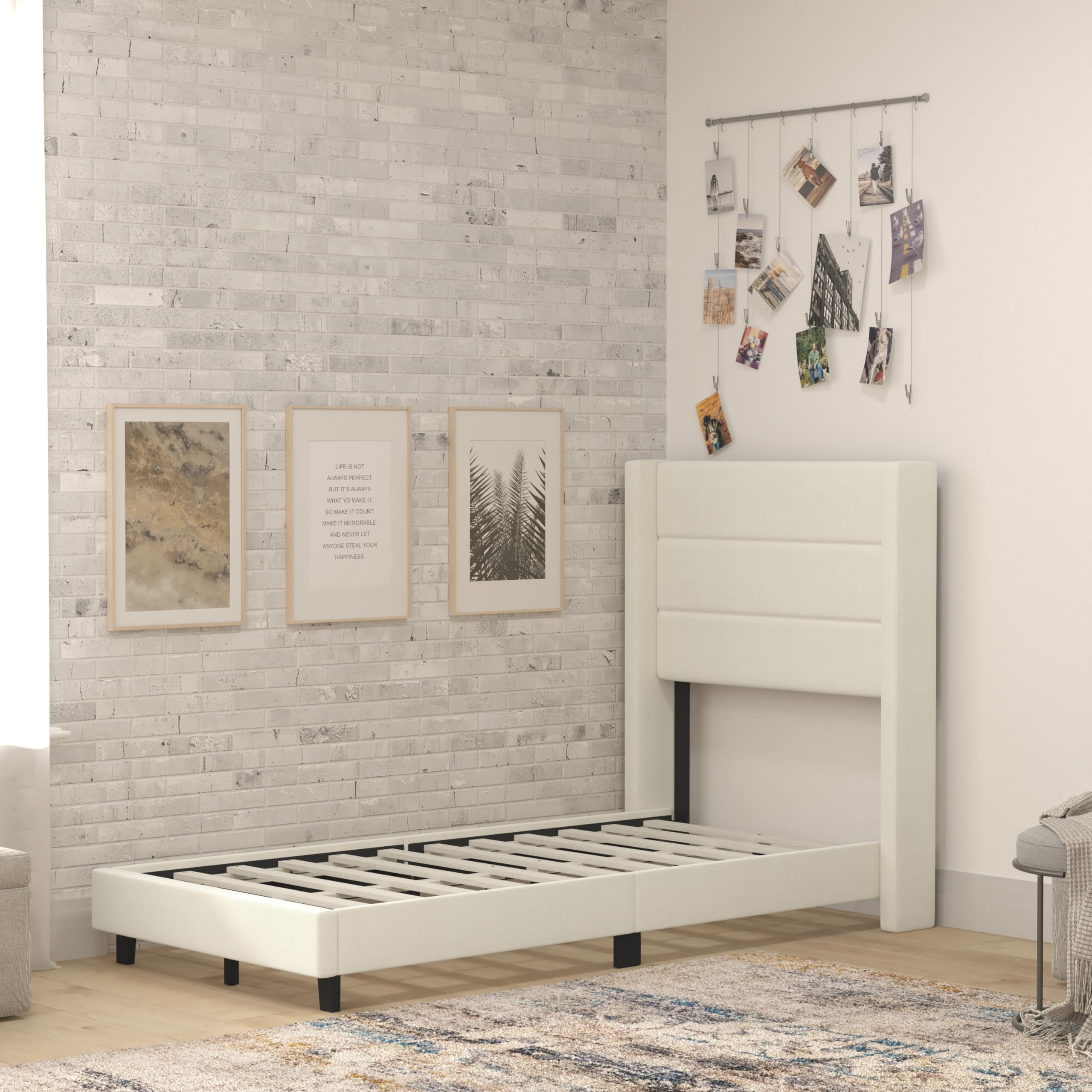 Flash Furniture Hollis Upholstered Platform Bed - Beige Faux Linen Wingback Headboard - Twin - Mattress Foundation with Slatted Supports - No Box Spring Needed
