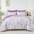 Yogeneg Botanical King Szie Comforter Set 7 Pcs Bed In A Bag,Purple Grey Leaves Printed On White Reversible Design,Soft Microfib