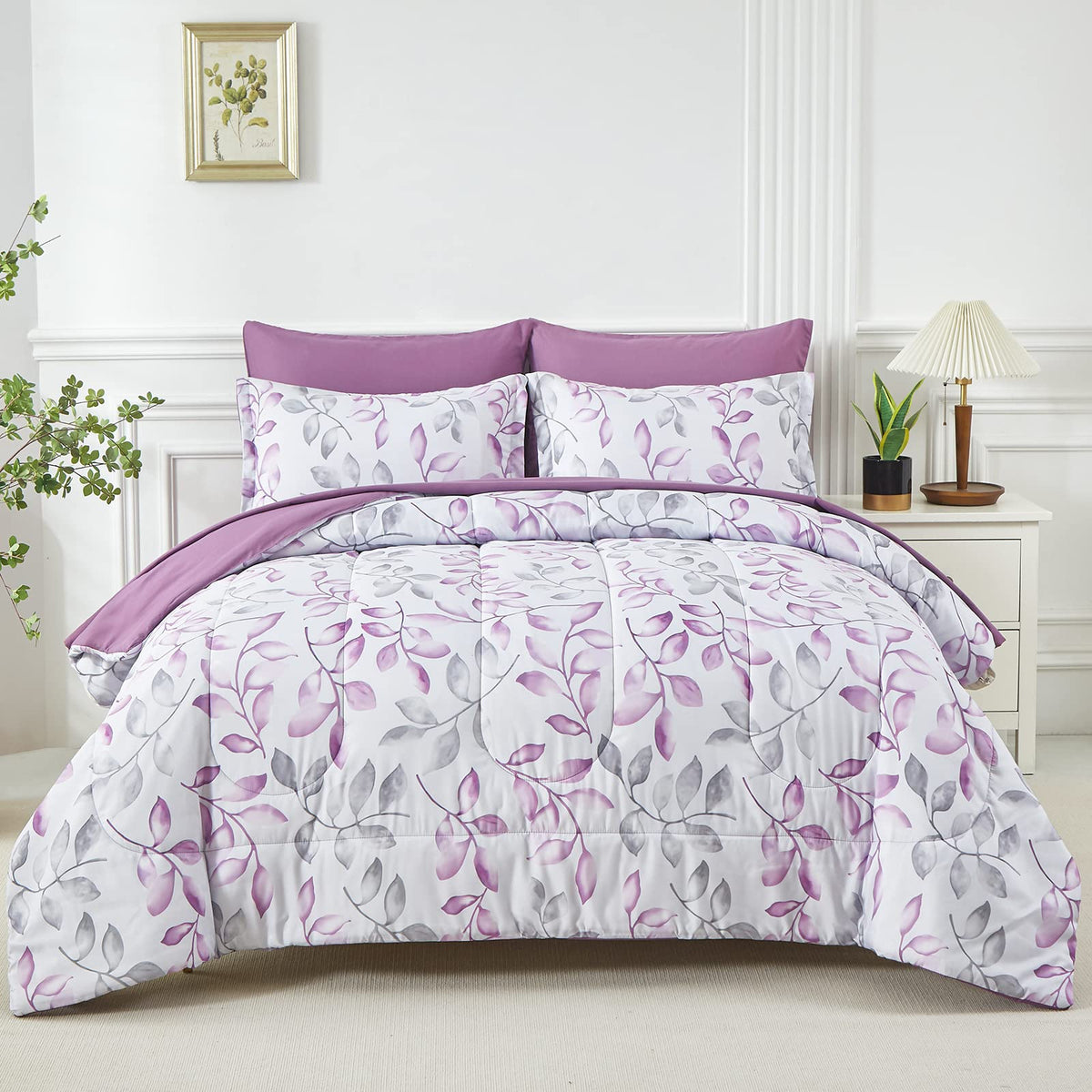Yogeneg Botanical King Szie Comforter Set 7 Pcs Bed In A Bag,Purple Grey Leaves Printed On White Reversible Design,Soft Microfib