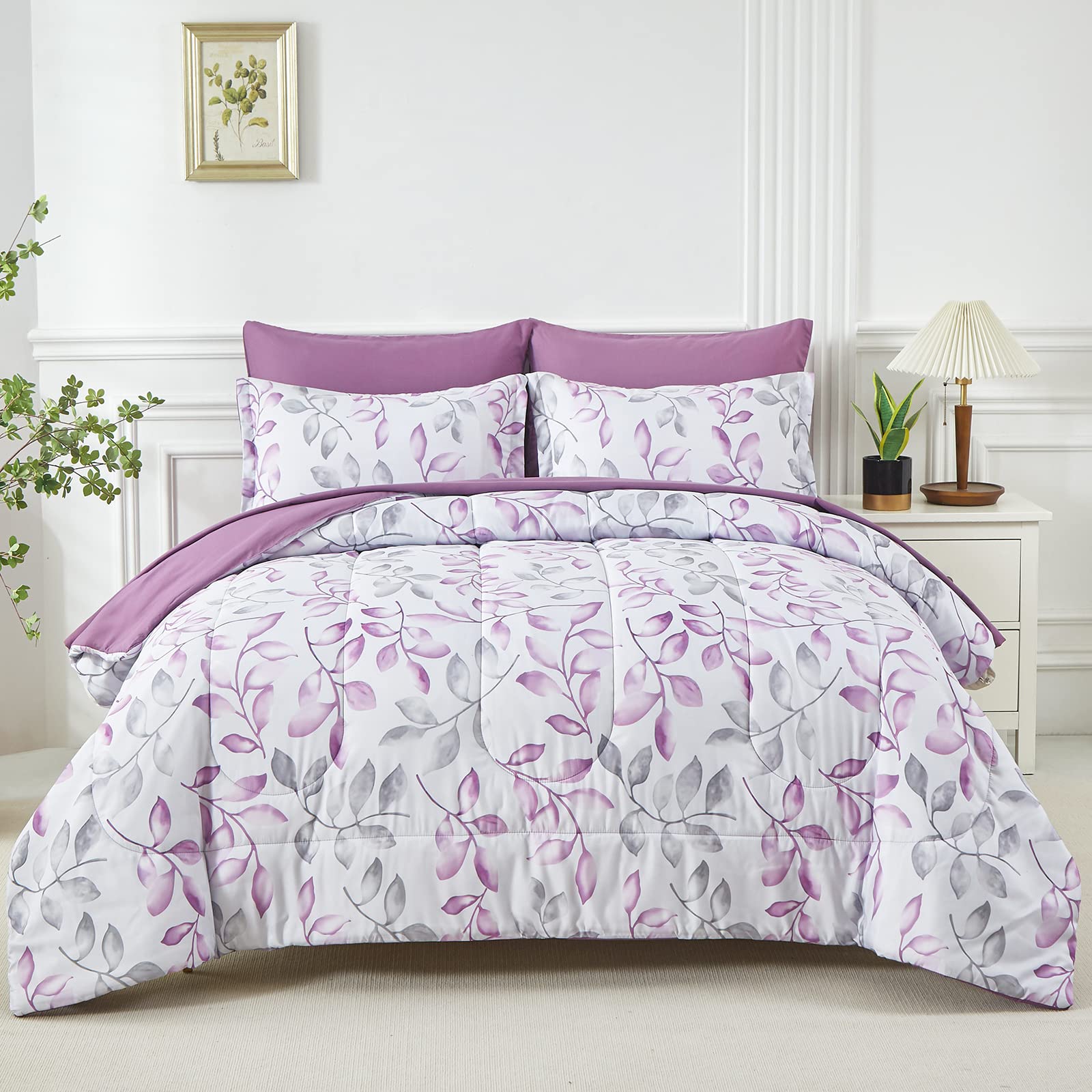 Yogeneg Botanical King Szie Comforter Set 7 Pcs Bed In A Bag,Purple Grey Leaves Printed On White Reversible Design,Soft Microfib