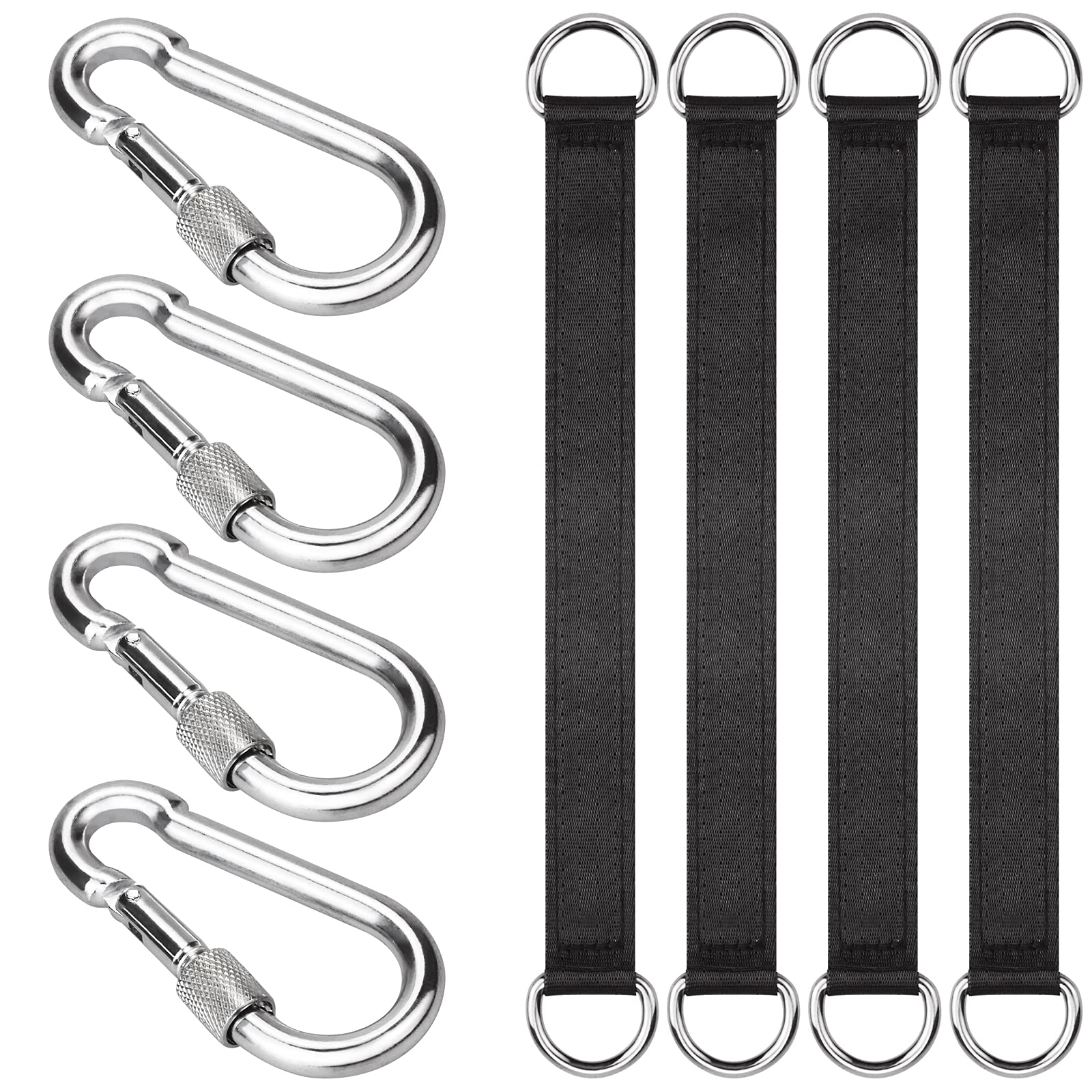 Isusser 4 Pcs Black Tree Swing Straps Hanging Kit With 4 Carabiners, 24Cm / 9.4Inches Length Tree Swing Hanging Kit Holds 220 Lb