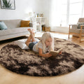 Tie-Dyed Coffee Fluffy Round Rug,Soft Area Rugs for Girls Room,Shaggy Rugs 3'X3' for Living Room,Non Slip Circle Rug for Kids Be