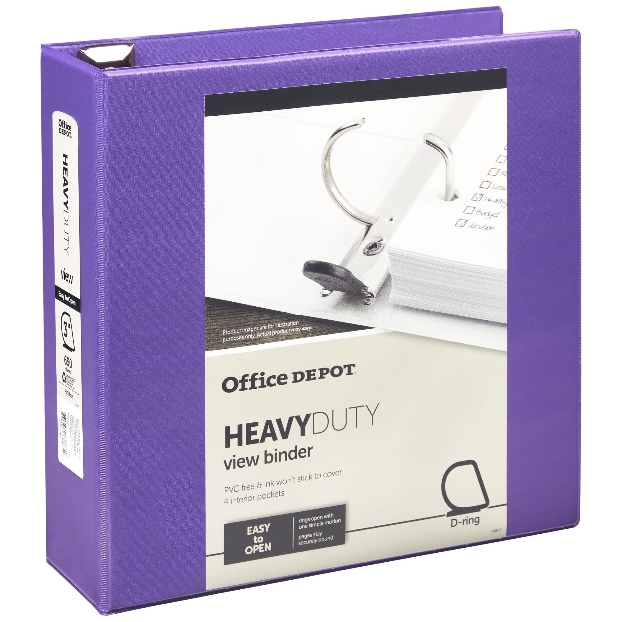 Office Depot Brand Heavy-Duty D-Ring View Binder, 3' Rings, 54% Recycled, Purple