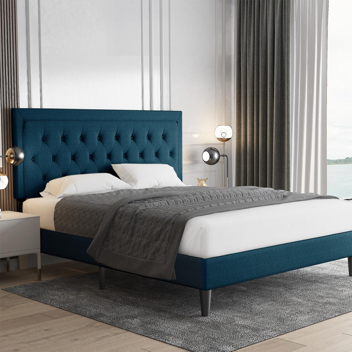 Allewie Queen Size Bed Frame Upholstered Platform Bed With Adjustable Headboard, Button Tufted, Wood Slat Support, Easy Assembly, Blue