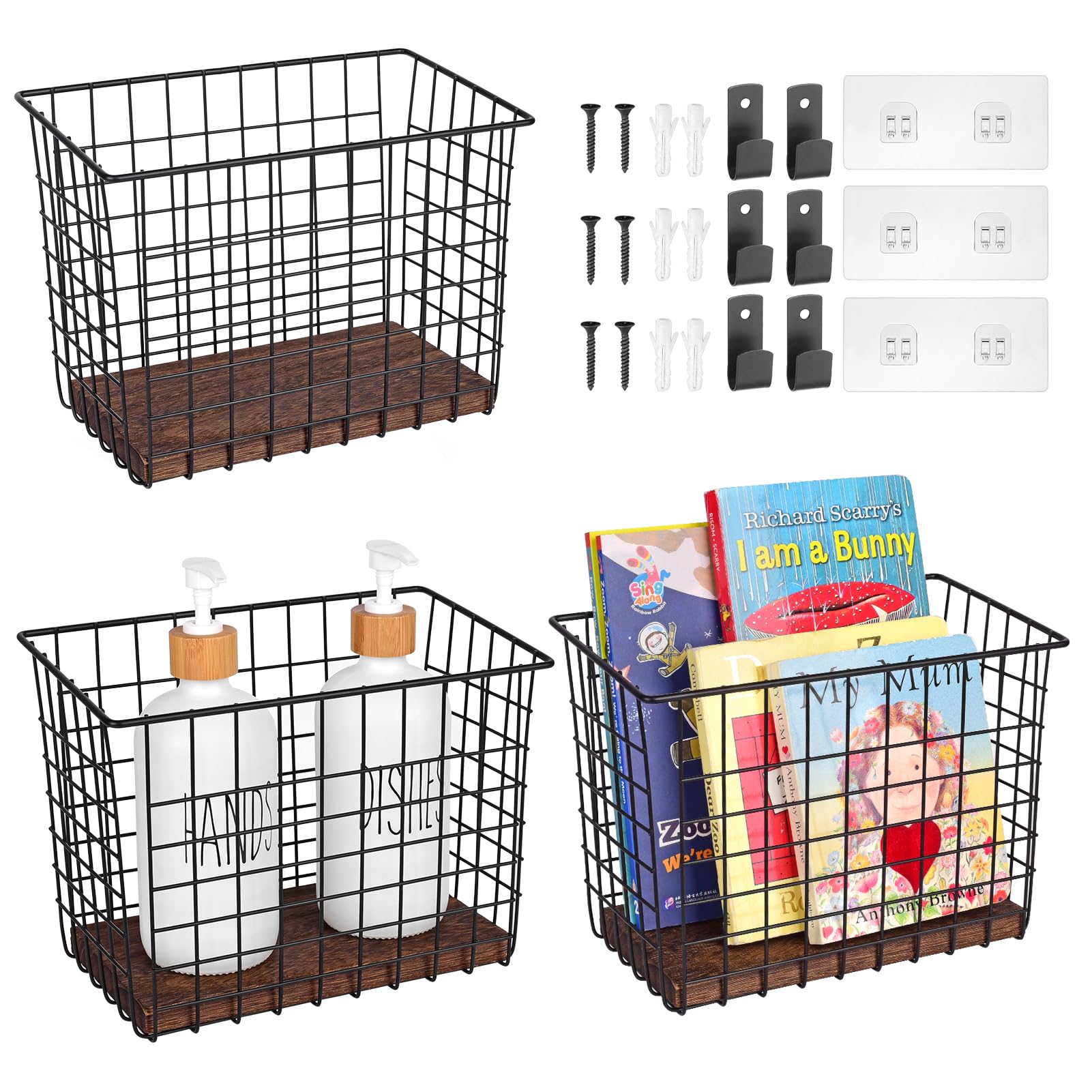 Wall Hanging Baskets 3 Pack, Large Diversified Wire Basket Shelves of Wooden Style, with Wall Mounted Metal Hooks & Traceless St