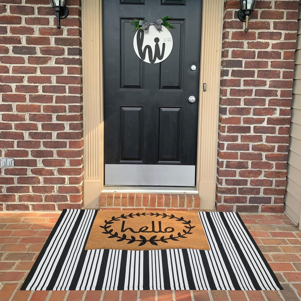 Black And White Striped Outdoor Rug Front Porch Rug 27.5'X43' Front Door Mat Cotton Hand-Woven Reversible Mats For Outdoor,Ent