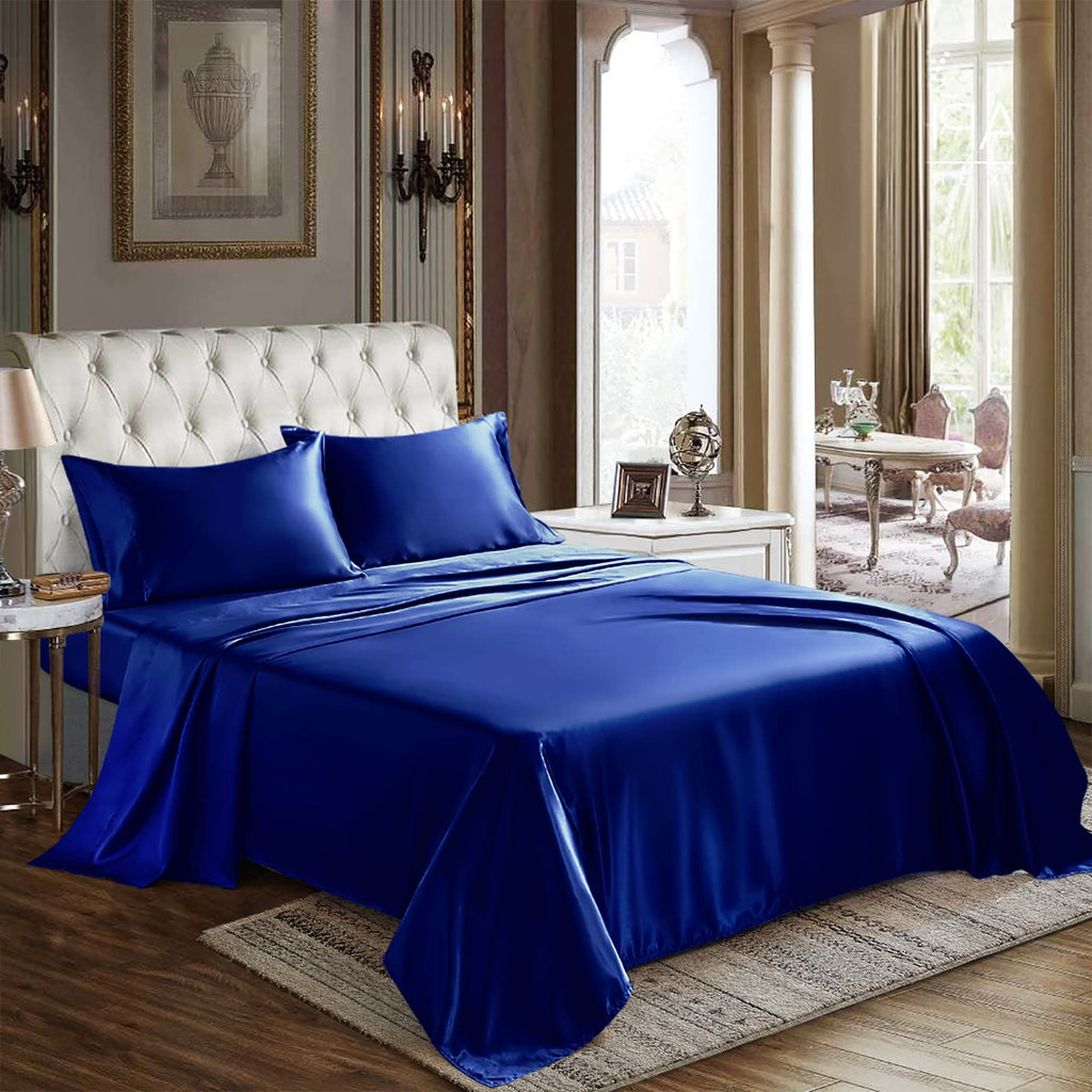 Cozylux Satin Sheets Full Size - 4 Piece Navy Blue Bed Sheet Set With Silky Microfiber, 1 Deep Pocket Fitted Sheet, 1 Flat Sheet
