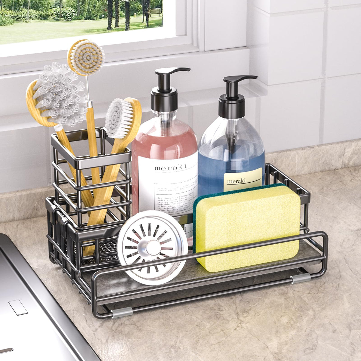 Large FamilySized Sponge Holder for Kitchen Sink Organizer (Black)