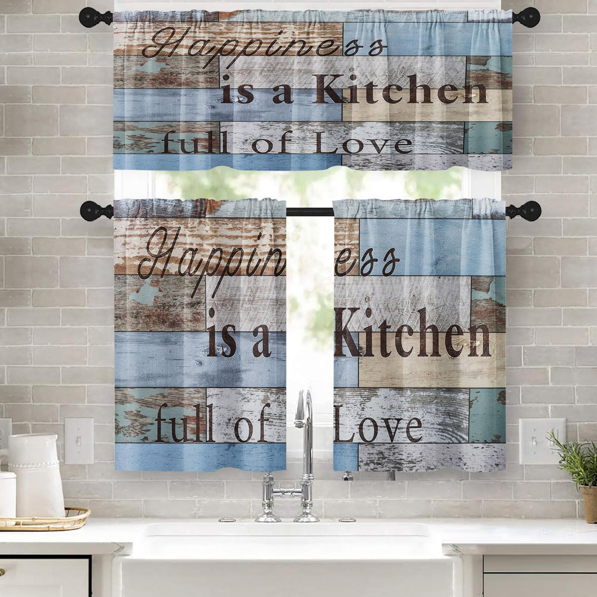 Tayney Farmhouse Kitchen Curtains Wooden Window Curtains Valance And Tier Set 36 Inch, Full Of Love Happiness Kitchen Rod Pocket