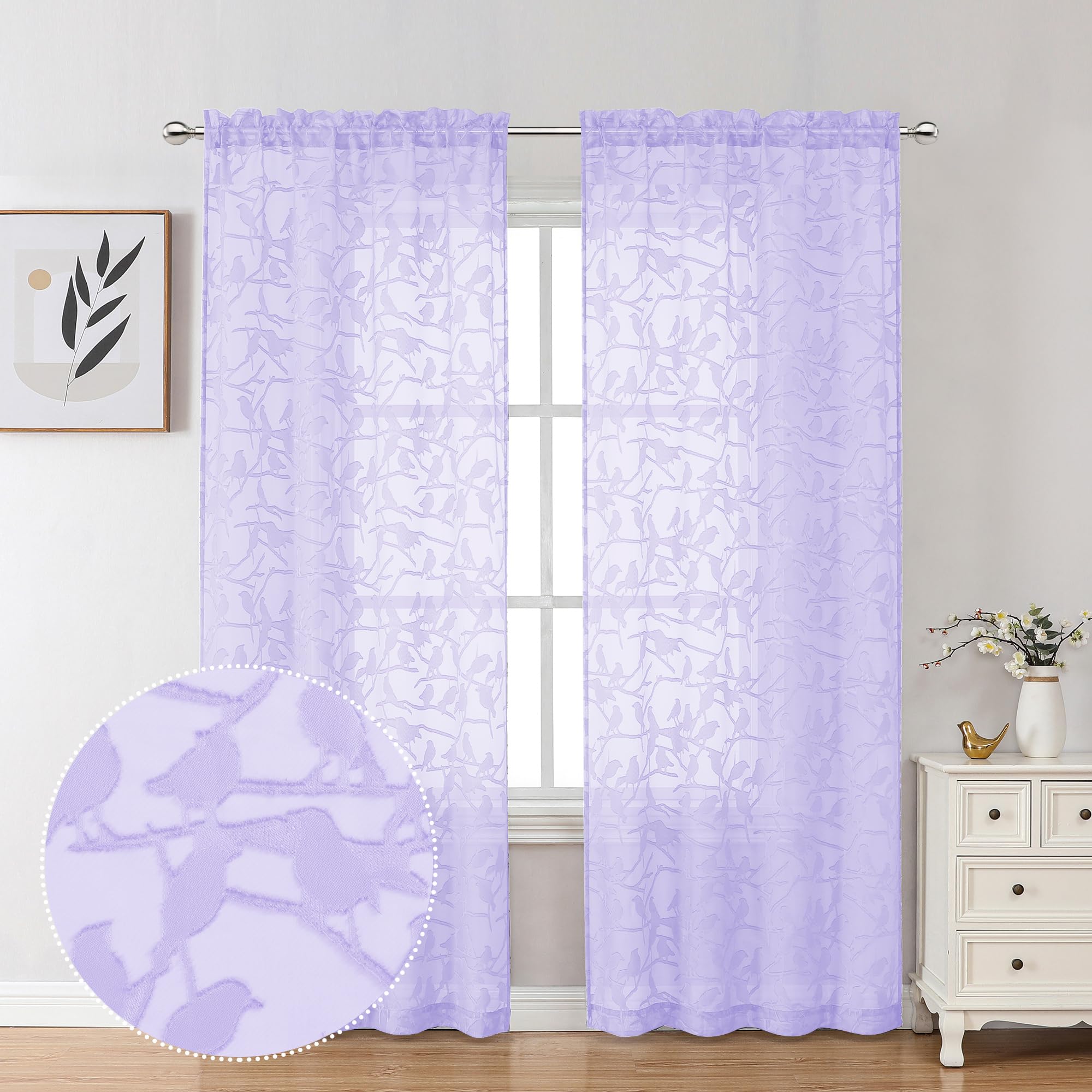 Ovzme Anji Birds Sheer Curtains 2 Panels For Living Room 96 Inch Long Farmhouse Rustic Voile Sheer Light Filtering Rod Pocket Wi