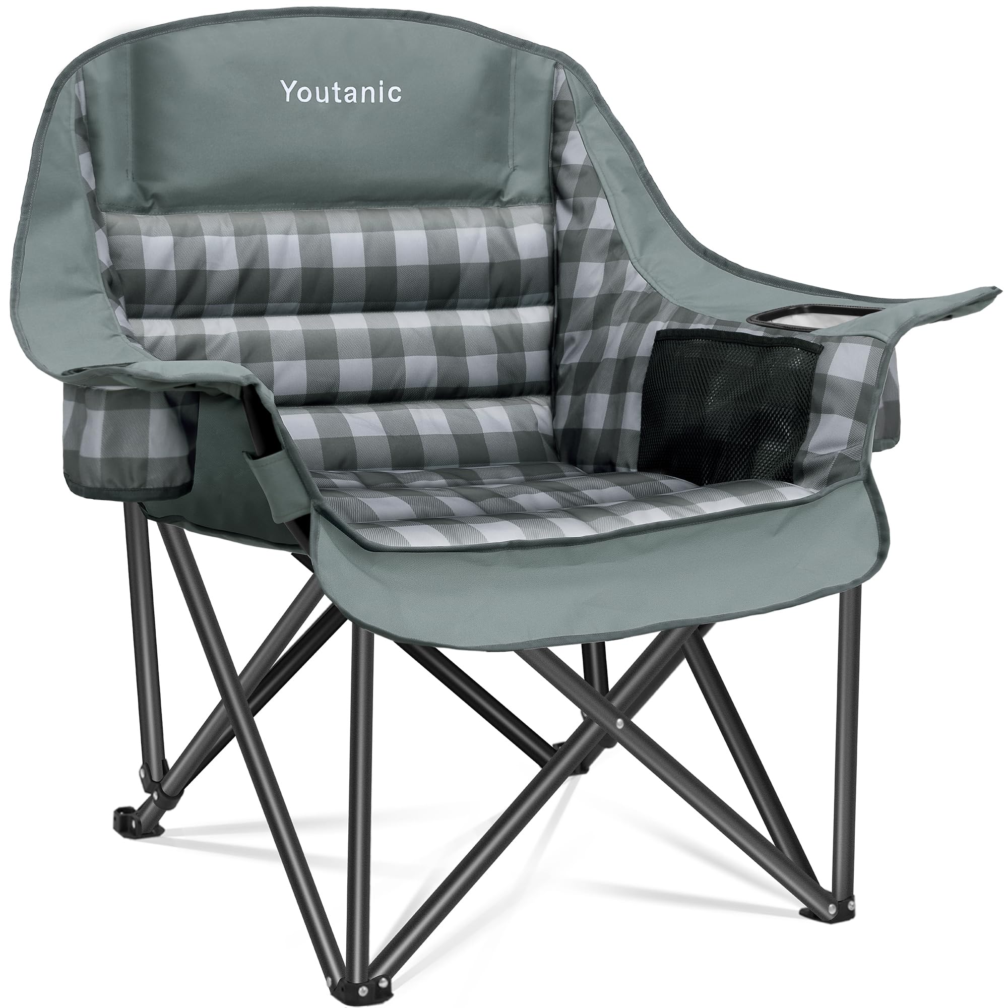 Youtanic Padded Camping Chairs for Adults, Heavy Duty 400 lbs Foldable Lawn Chair, Oversized Ergonomic Outdoor Seat with Classic