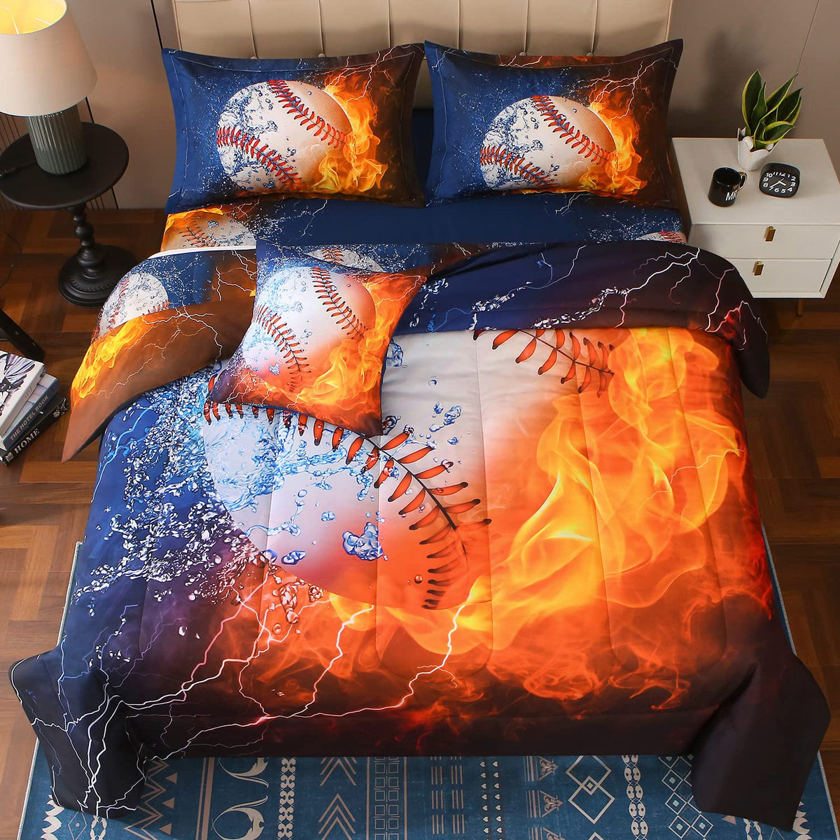 Jqinhome Twin Baseball And Fire Comforter Sets For Boys,6 Piece Bed In A Bag 3D Sport Themed Bedding -All Season Soft Microfiber