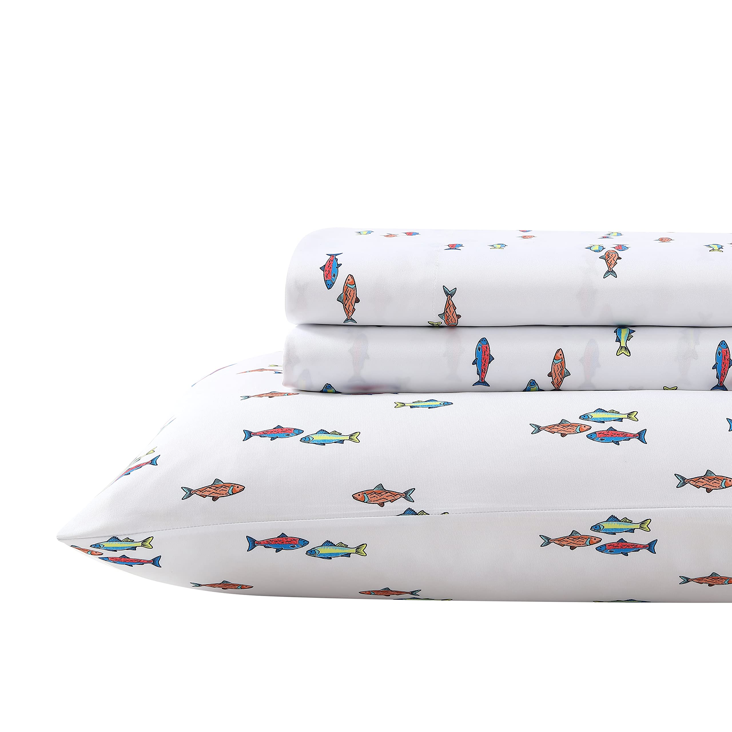 Eddie Bauer Kids - Queen Sheets, Stain Resistant Kids Bedding, Ideal for Toddler Bedding Set (Fish Lake White, Queen)