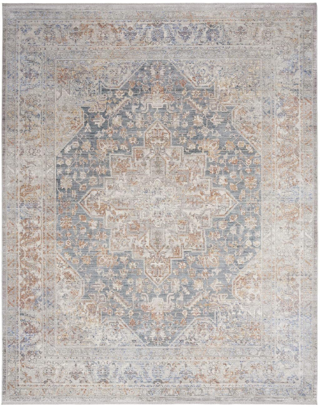 HomeRoots 533436 8 x 10 ft. Oriental Power Loom Distressed Rectangle Area Rug with Fringe Ivory & Blue