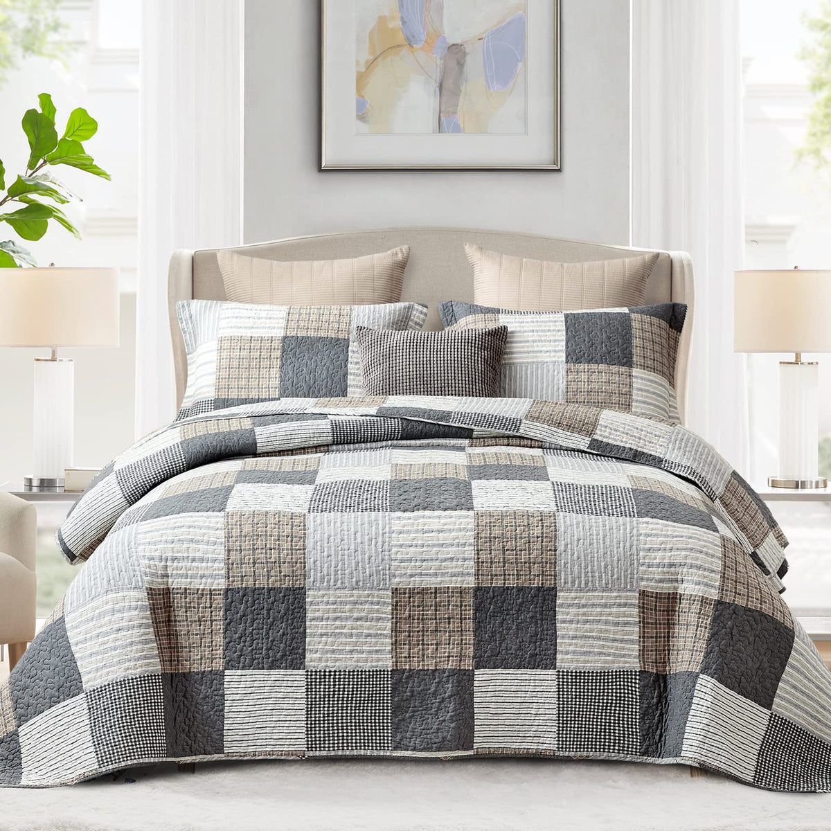 Finlonte Quilts Queen Size Sets, 100% Cotton Lightweight Bedspread, Grey Brown White Plaid Patchwork Soft Reversible Queen Quilt