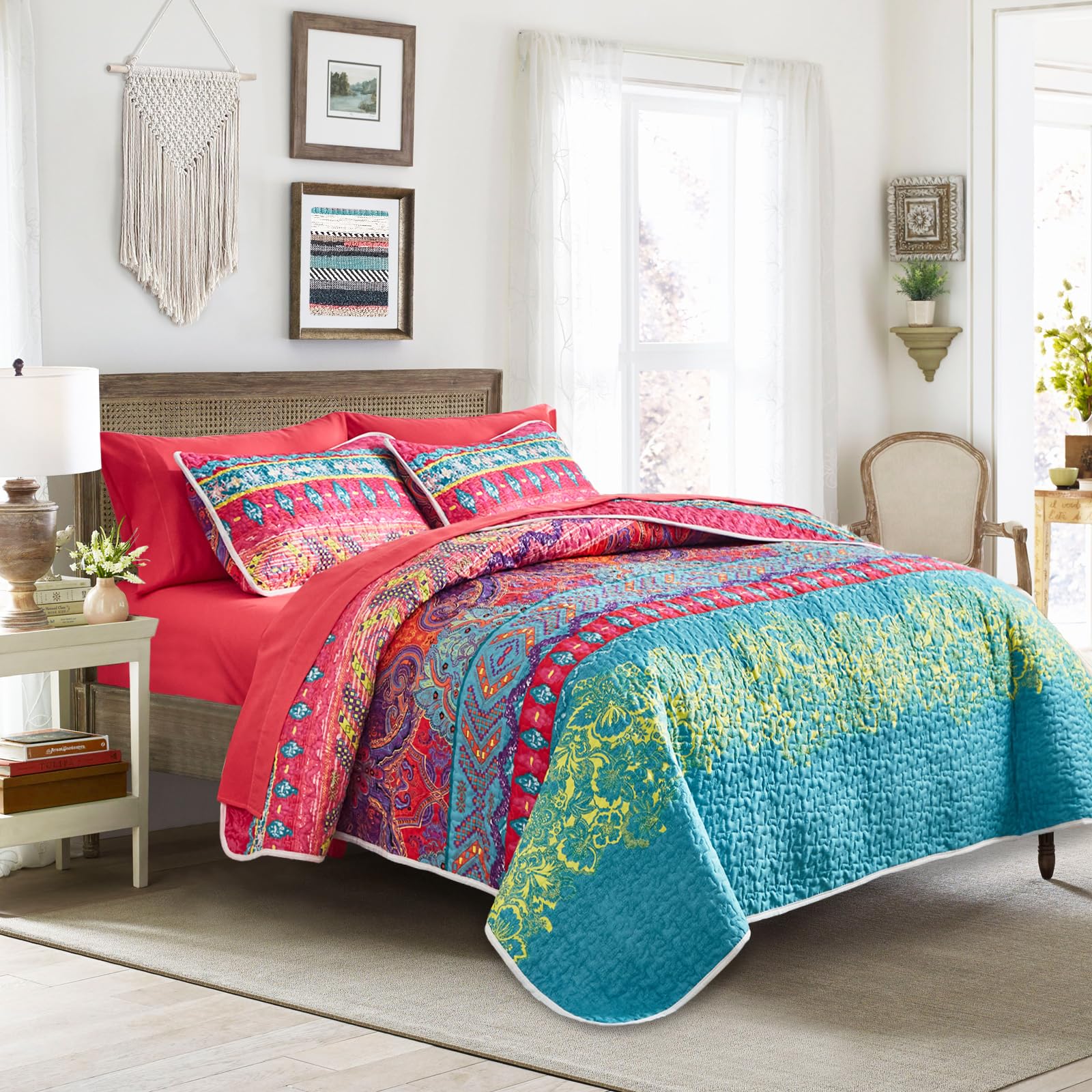 3 Pieces Colorful Bohemian Quilt Set King Size, Boho Striped Pink N Teal Printed Bedding Bedspread Coverlet Set For Summer, Soft