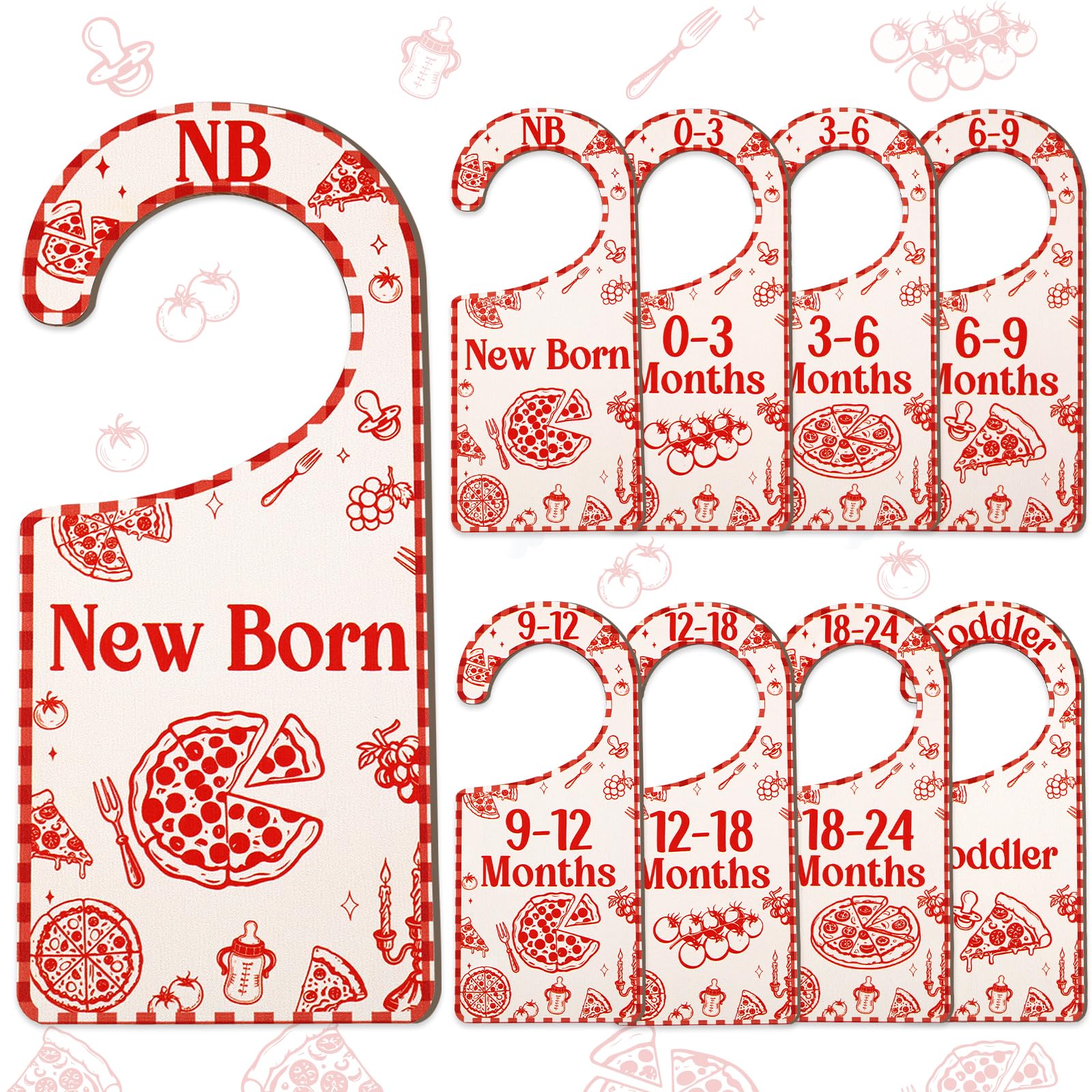 CORNER LACE Red Gingham Baby Closet Dividers 8PCS, Italian Pizza Wooden Double-Sided Clothes Size Hanger/Organizer from Newborn 