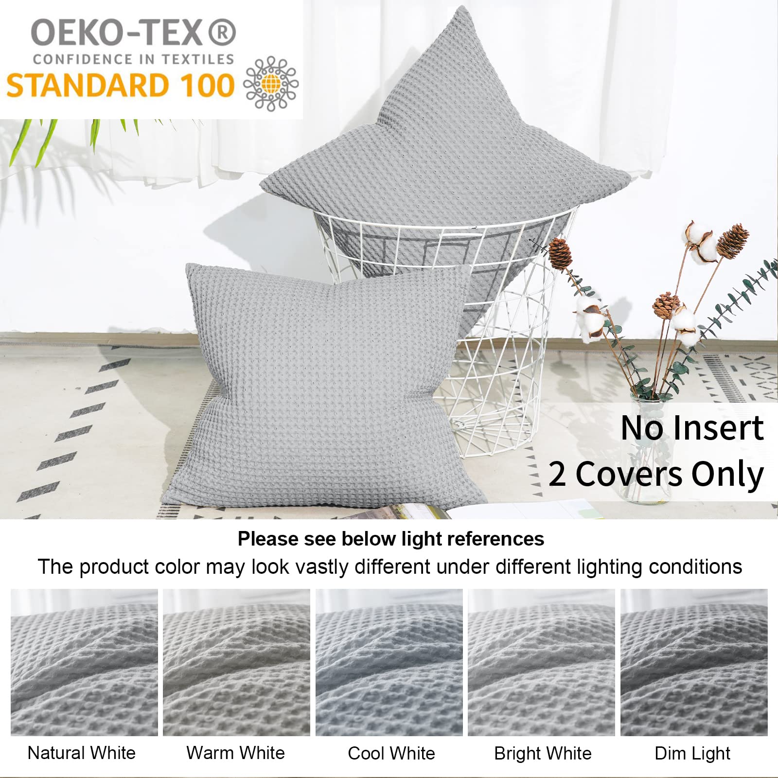 Phf 100% Cotton Waffle Weave Throw Pillow Cover, 24' X 24', No Insert, 2 Pack Square Pillowcases Shell, Elegant Home Decorative Throw Pillow Covers For Bed Couch Sofa, Light Grey