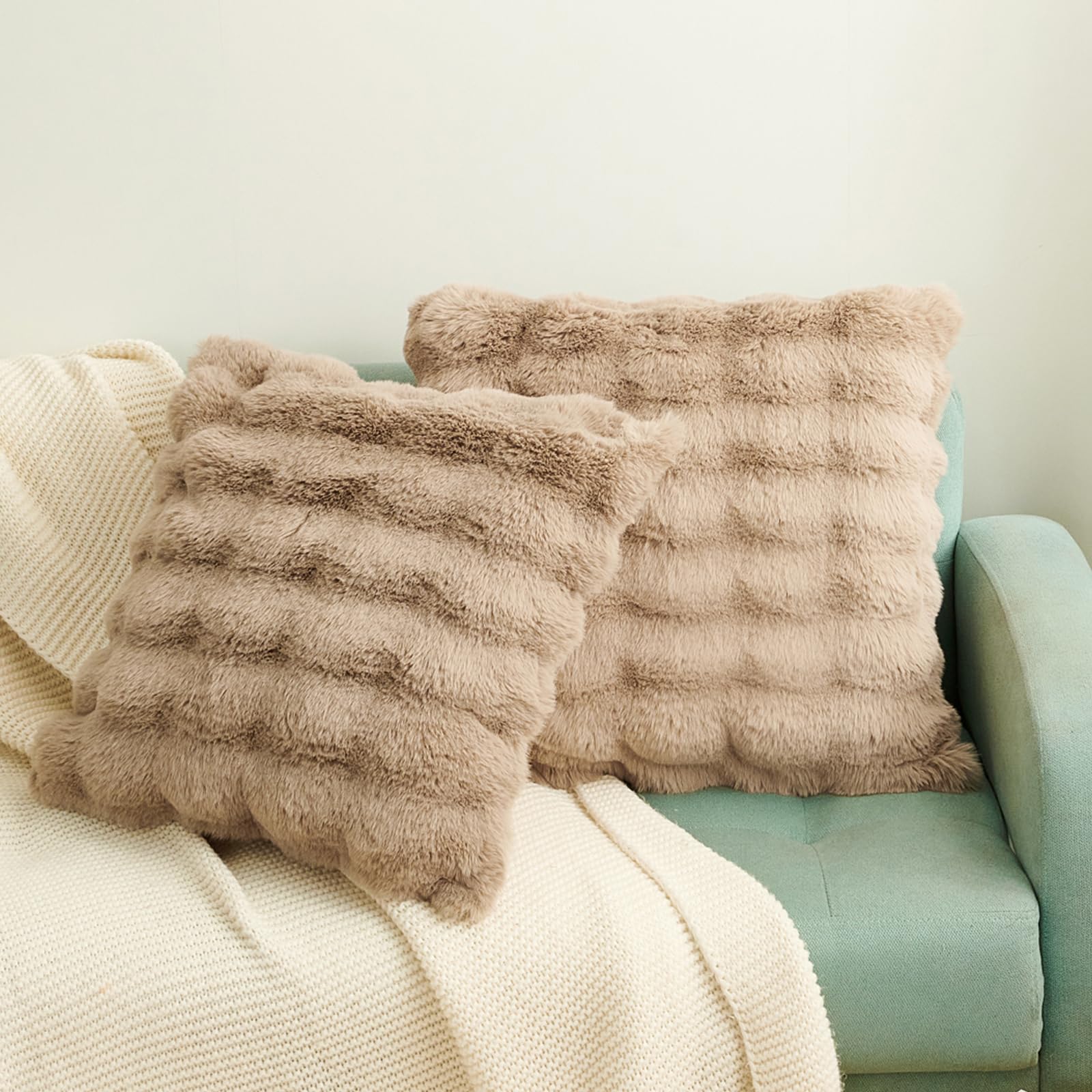 Hyseas Faux Rabbit Fur Throw Pillow Covers 18' X 18', Taupe, Set Of 2 Soft Comfortable Fluffy Cozy Elegant Decorative Pillow C