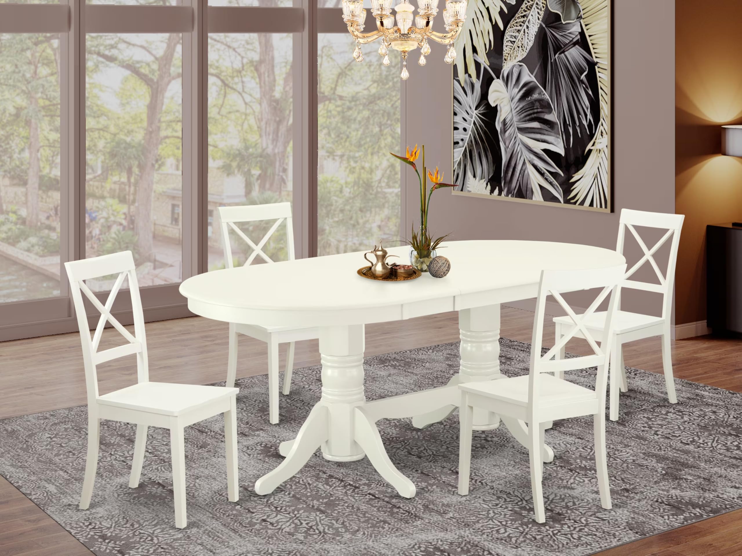 East West Furniture Vabo5-Lwh-W 5 Piece Kitchen Table Set For 4 Includes An Oval Dining Room Table With Butterfly Leaf And 4 Solid Wood Seat Chairs, 40X76 Inch, Linen White