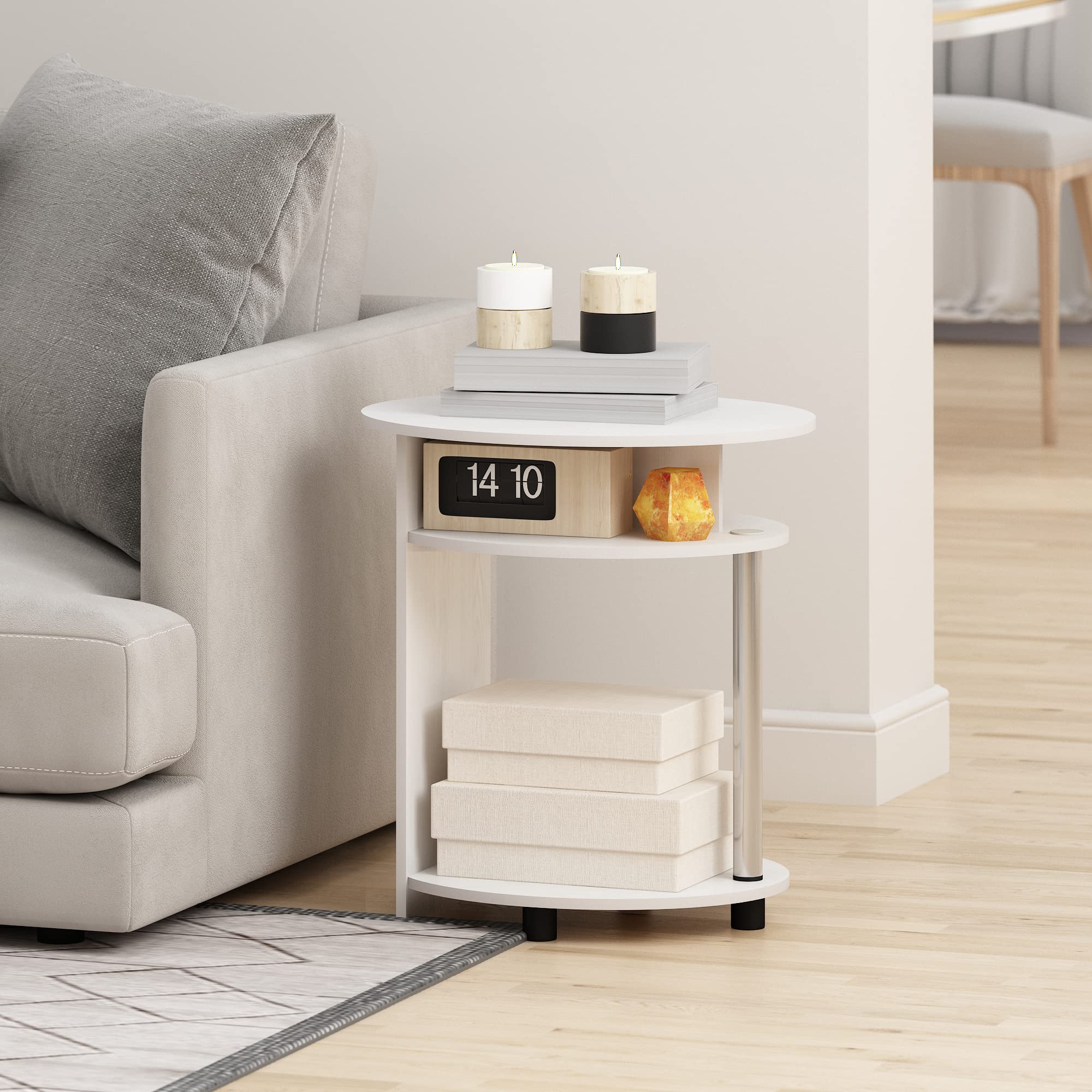 Furinno Jaya Simple Design Oval End Table With Bin, White Oak/Chrome