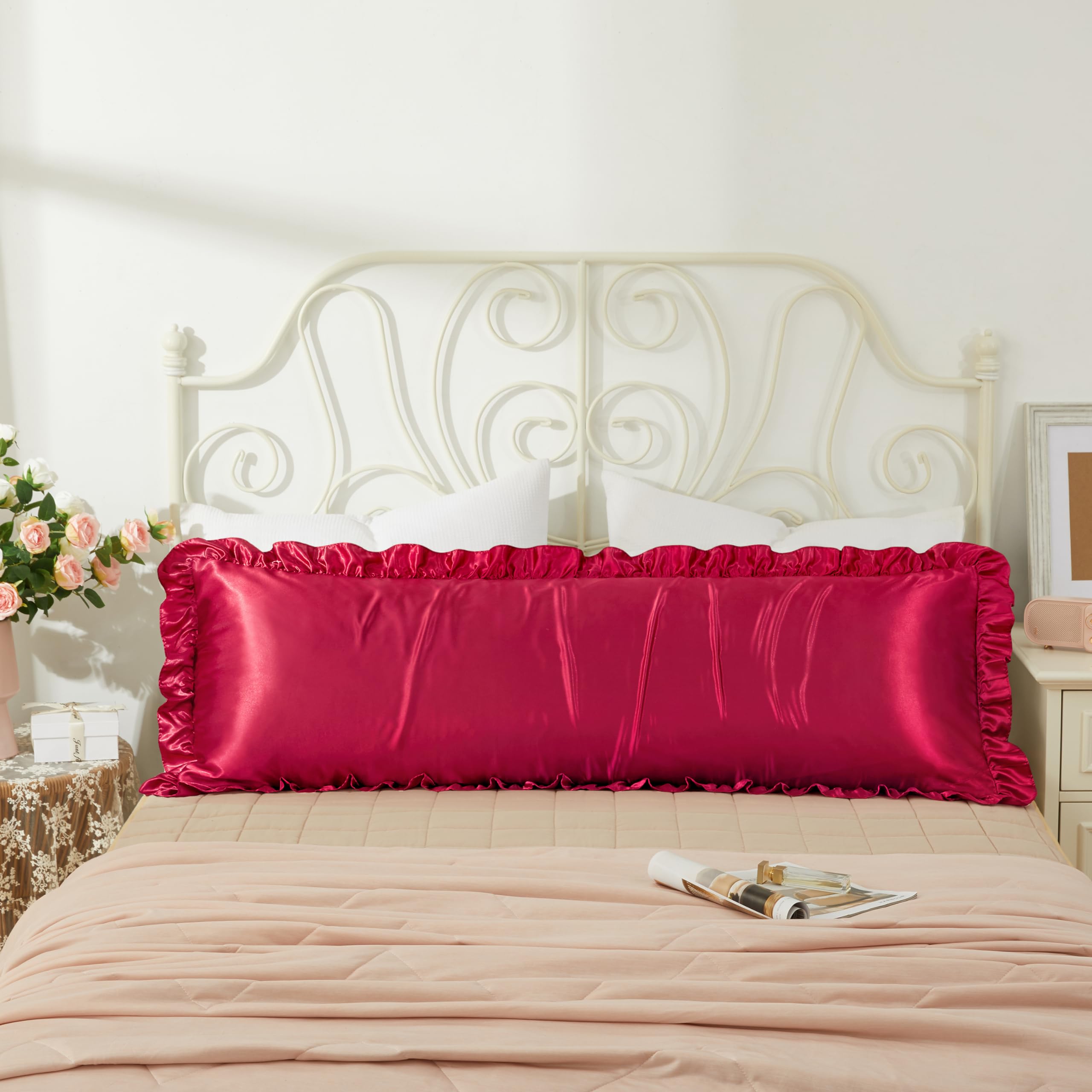 Hommxjf Silky Satin Ruffled Wine Red Pillow Cases For Hair And Skin,Wine Red Satin Pillowcases With Envelope Closure Princess Ro