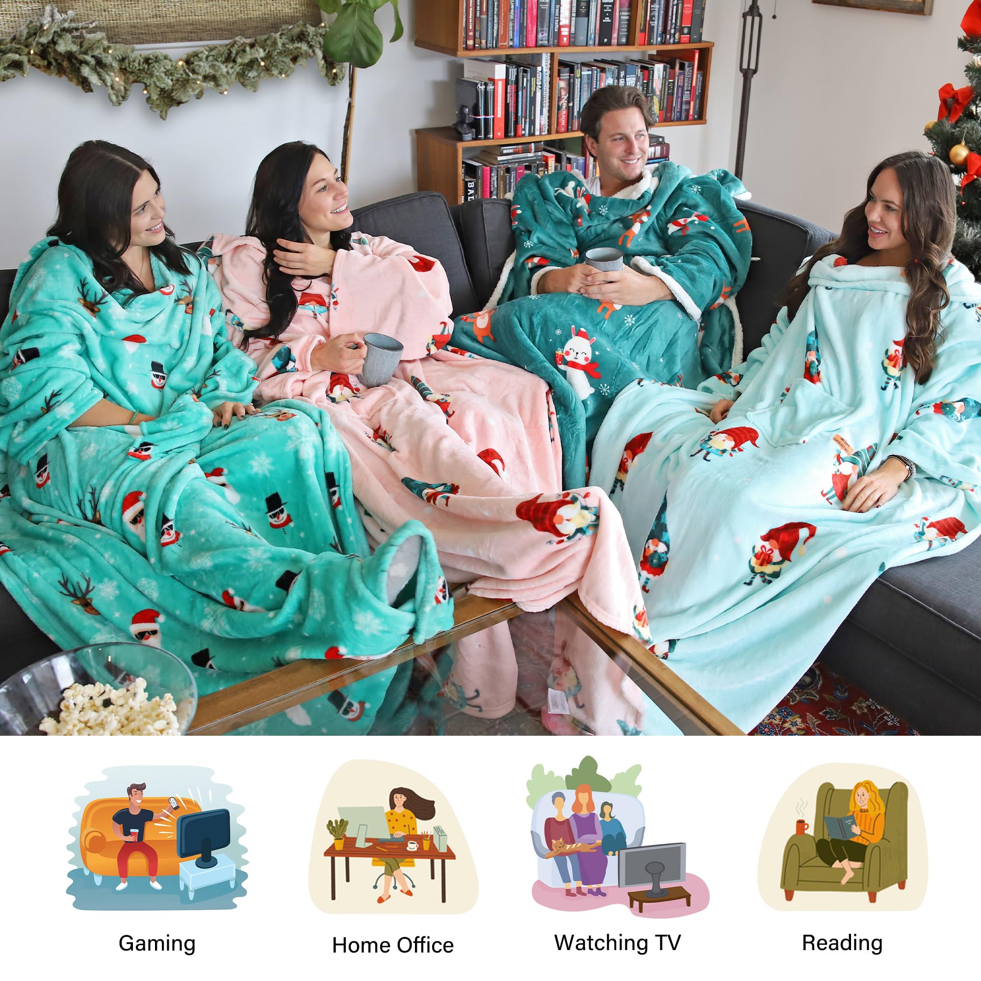 Catalonia Christmas Print Wearable Blanket With Sleeves And Pocket, Cozy Soft Fleece Mink Micro Plush Wrap Throws Blanket Robe For Women And Men