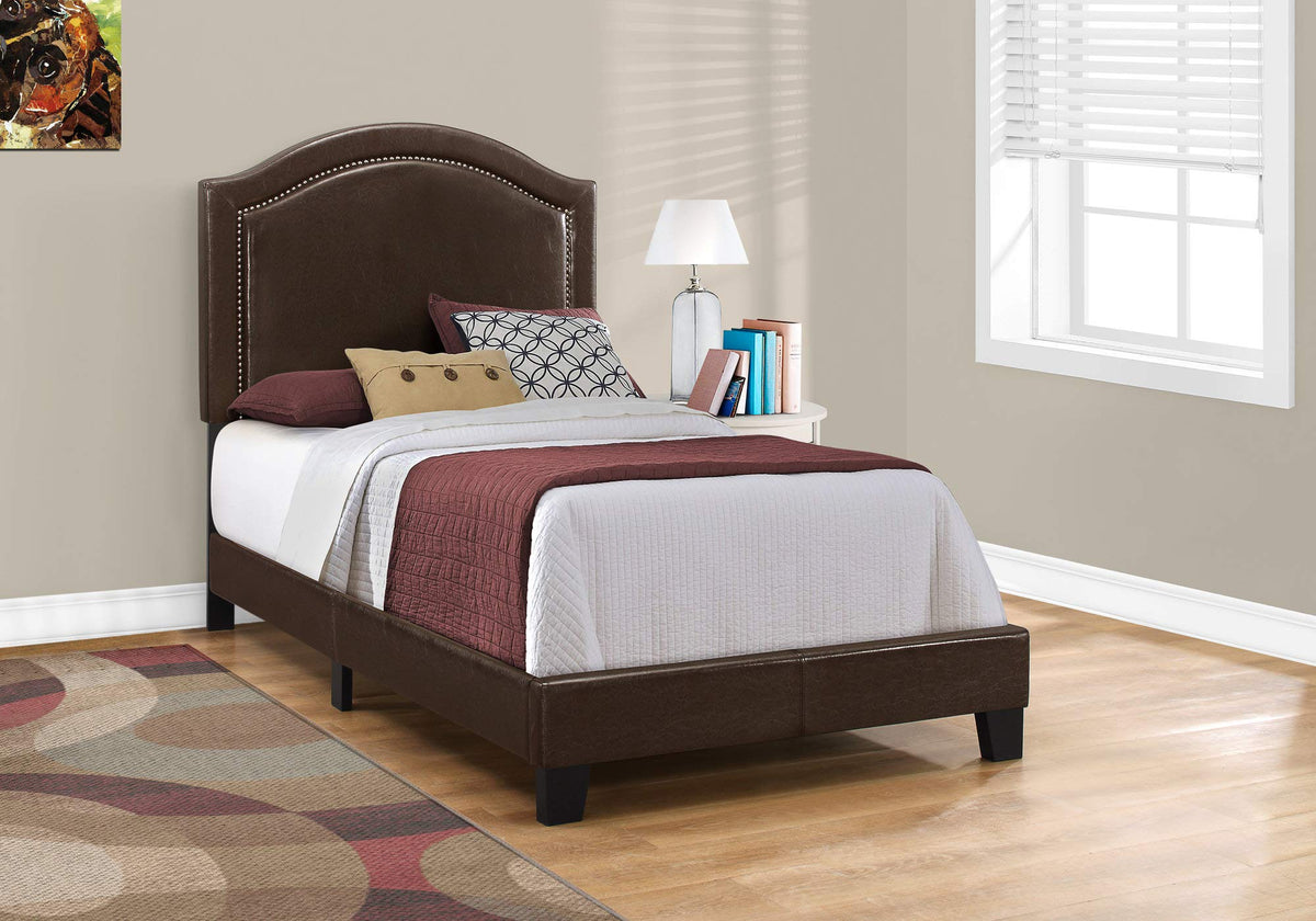 HomeRoots 51.5' Brown Solid Wood, Linen, MDF, and Foam Twin Size Bed with a Brass Trim