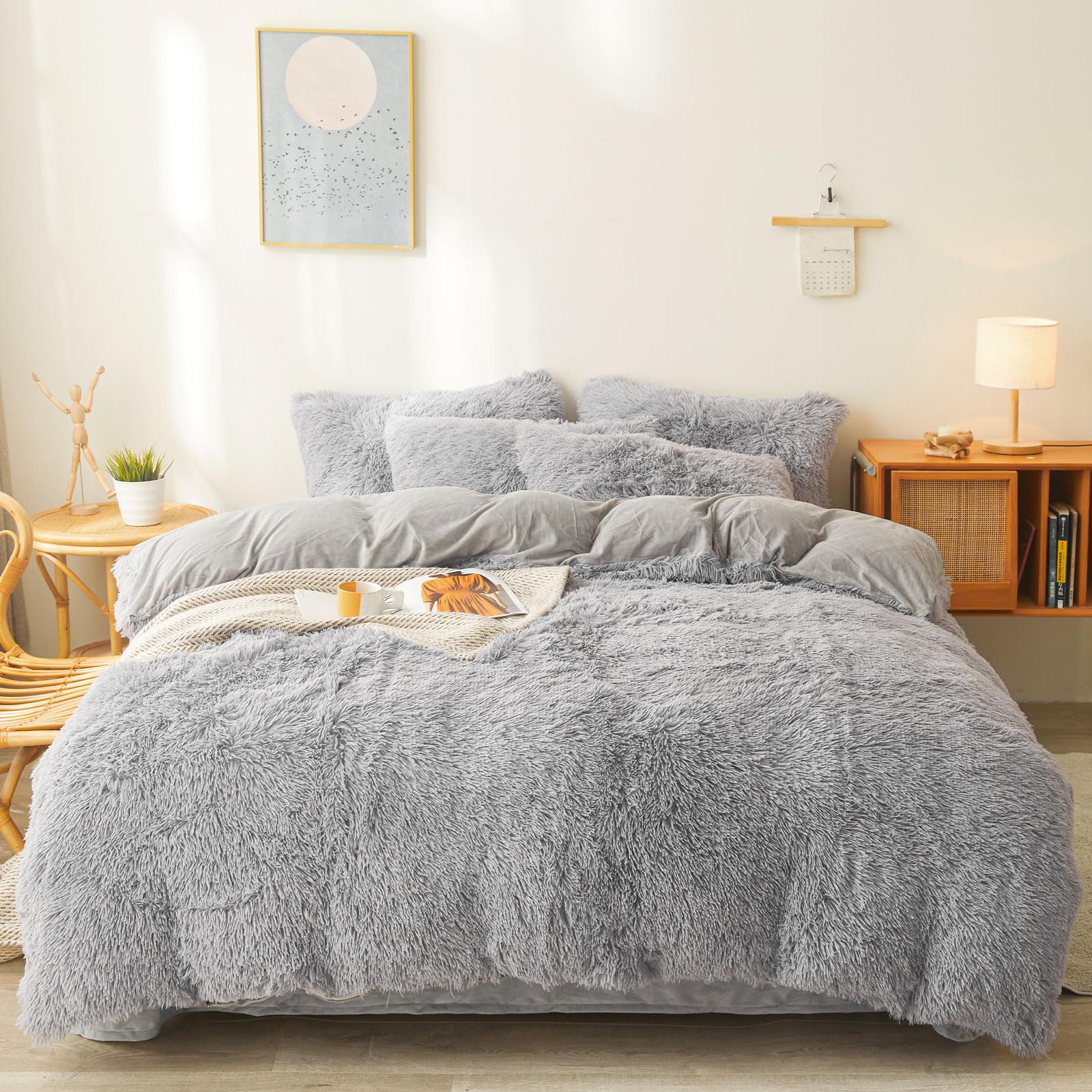Fluffy Gray Comforters Cover Twin Size - Ultra Soft Plush Gray Bedding Sets 2 Pieces (1 Faux Fur Comforter Cover + 1 Fuzzy Pillo