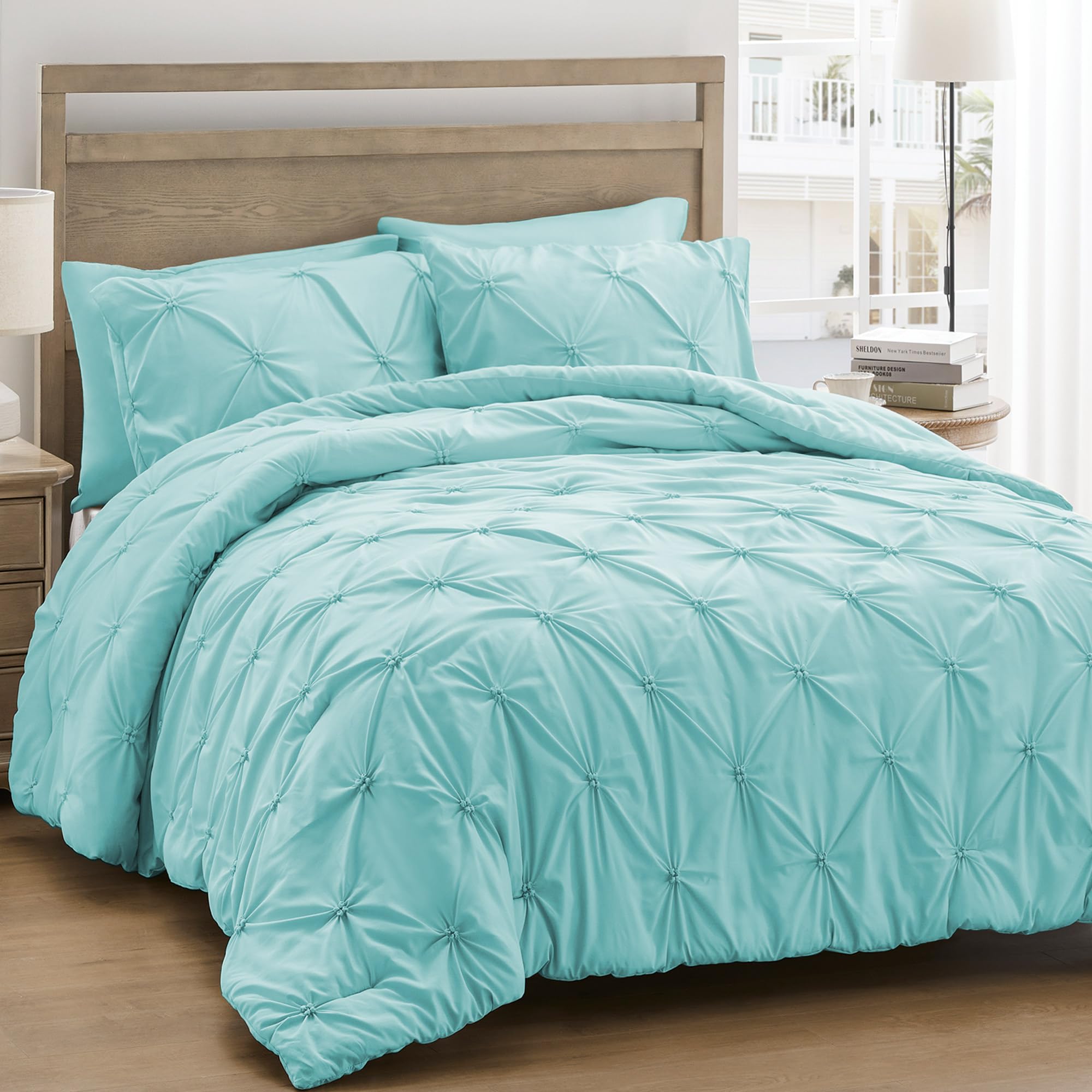 Unikome King Size Comforter Set Aqua Blue - Soft Fluffy Pintuck Down Alternative Bedding Set For All Seasons, 3 Pieces Pinch Ple