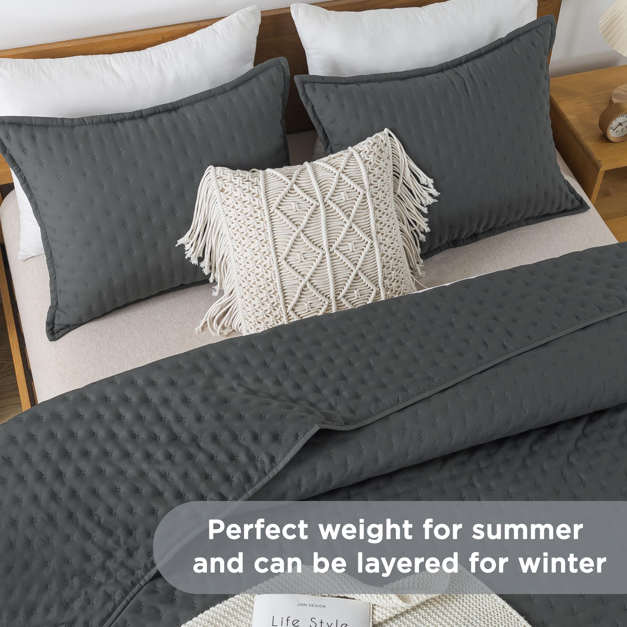 Andency Dark Grey Queen Size Quilt Bedding Set (90X96 Inch), 3 Pieces Soft Lightweight Bedspread Coverlet, Drak Gray Boho Summer