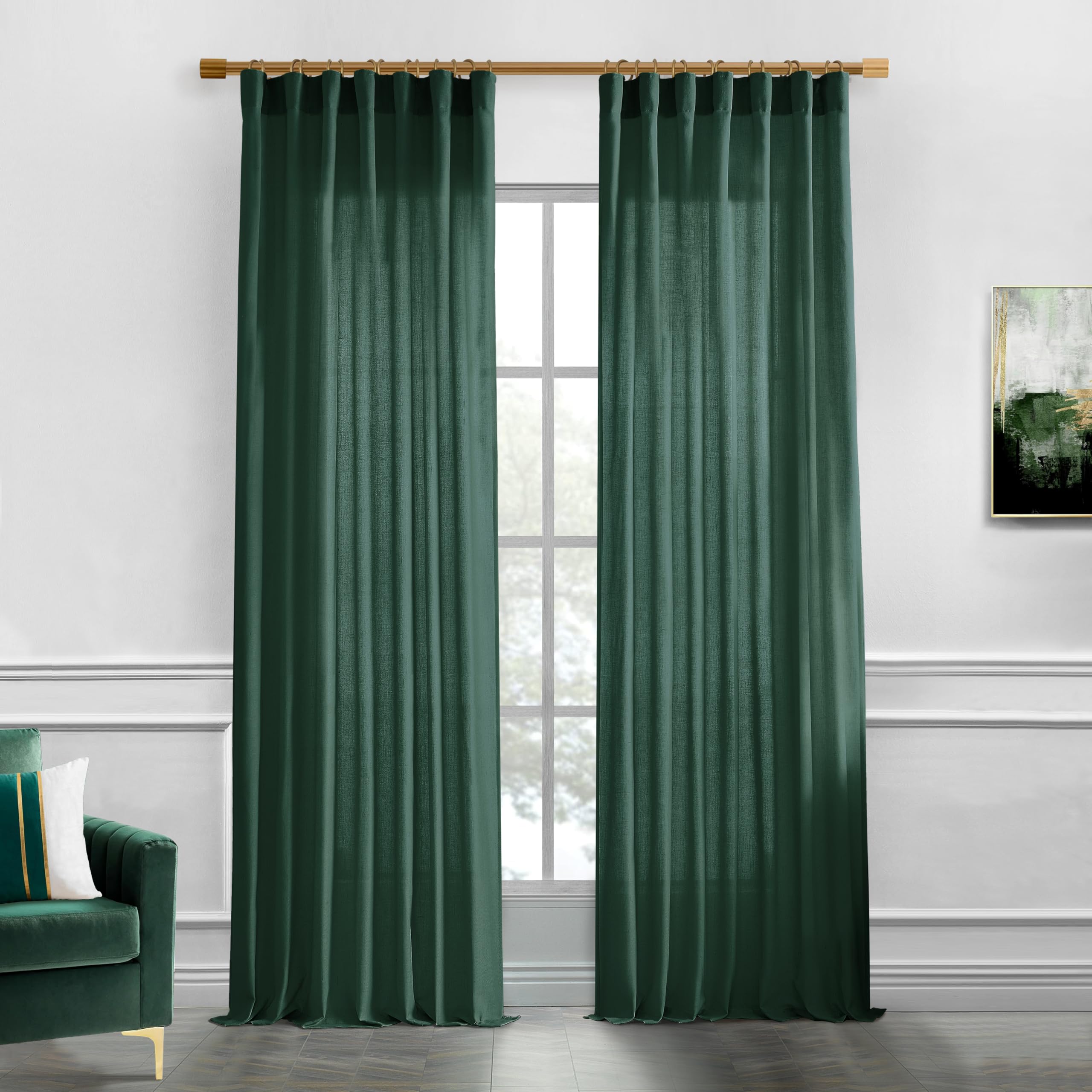 Xtmyi Forest Green Curtains 96 Inches Long For Living Room,Light Filtering Back Tab Hooks Pleated Semi Sheer Dark Academia Curta