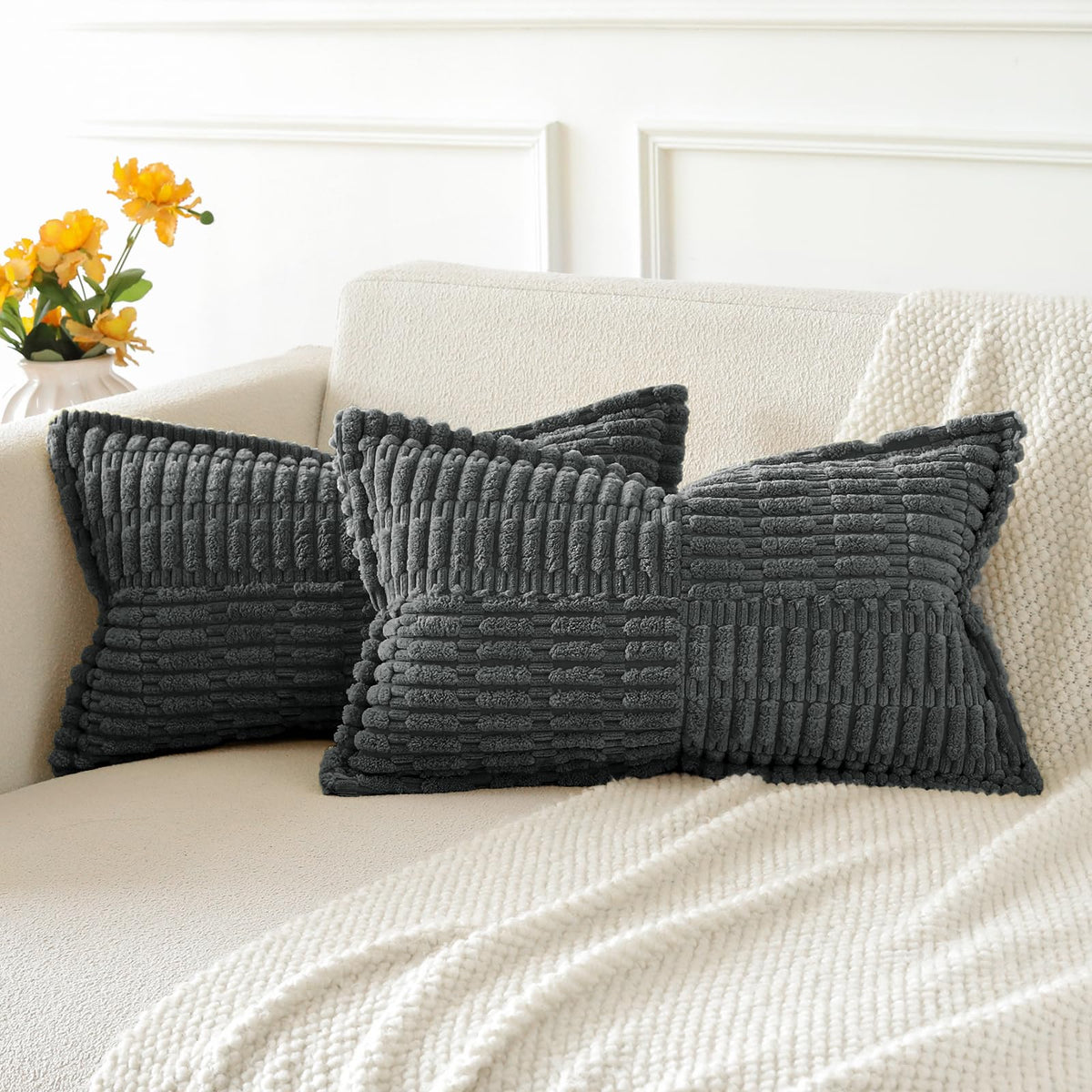 Otostar Pack Of 2 Soft Corduroy Pillow Covers With Splicing 12 X 20 Inch Lumbar Decorative Throw Pillow Covers Boho Striped Couc