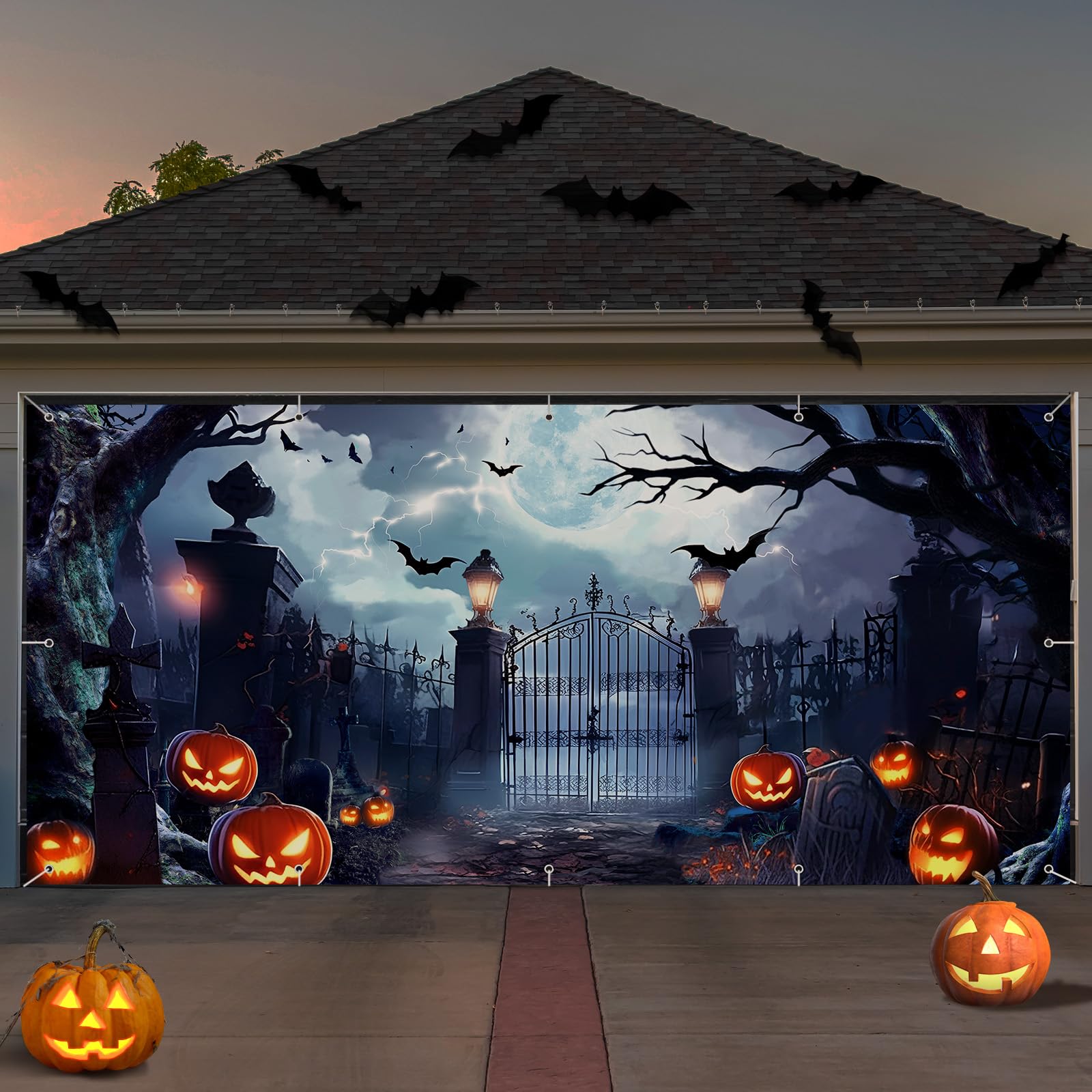 Preboun Halloween Garage Door Banner Large Hanging Backdrop Door Cover Halloween Garage Wall Decorations For Outdoor Holiday(6 X
