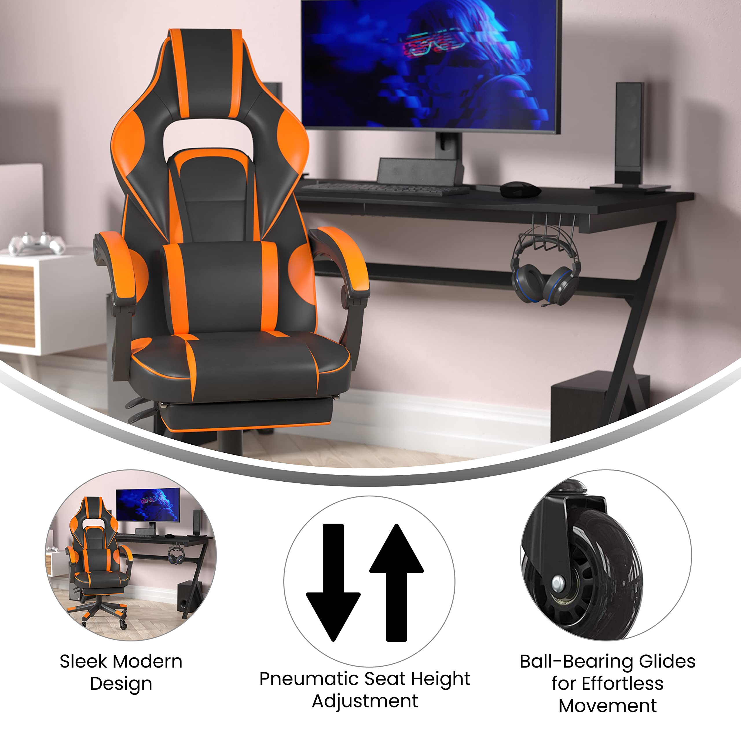 Flash Furniture X40 Gaming Chair Racing Computer Chair With Fully Reclining Back/Arms And Transparent Roller Wheels, Slide-Out Footrest, - Black/Orange