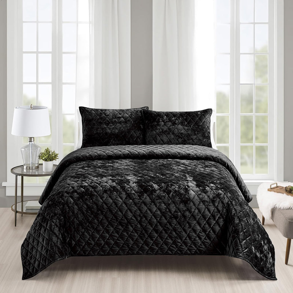 Fredsure Distressed Velvet Quilt Set, 3 Pieces Black King, Distressed Velvet Face And Brushed Microfiber Reverse With Diamond Qu