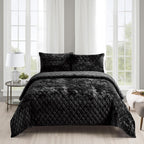 Fredsure Distressed Velvet Quilt Set, 3 Pieces Black King, Distressed Velvet Face And Brushed Microfiber Reverse With Diamond Qu