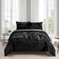 Fredsure Distressed Velvet Quilt Set, 3 Pieces Black Queen, Distressed Velvet Face And Brushed Microfiber Reverse With Diamond Q