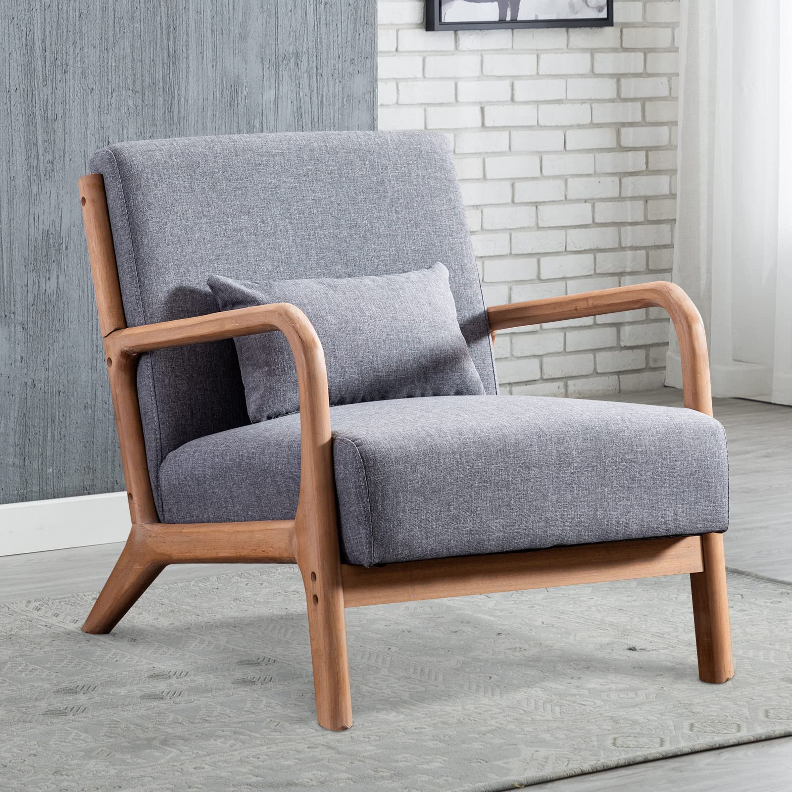 INZOY Mid Century Modern Accent Chair with Wood Frame, Upholstered Living Room Chairs with Waist Cushion, Reading Armchair for B