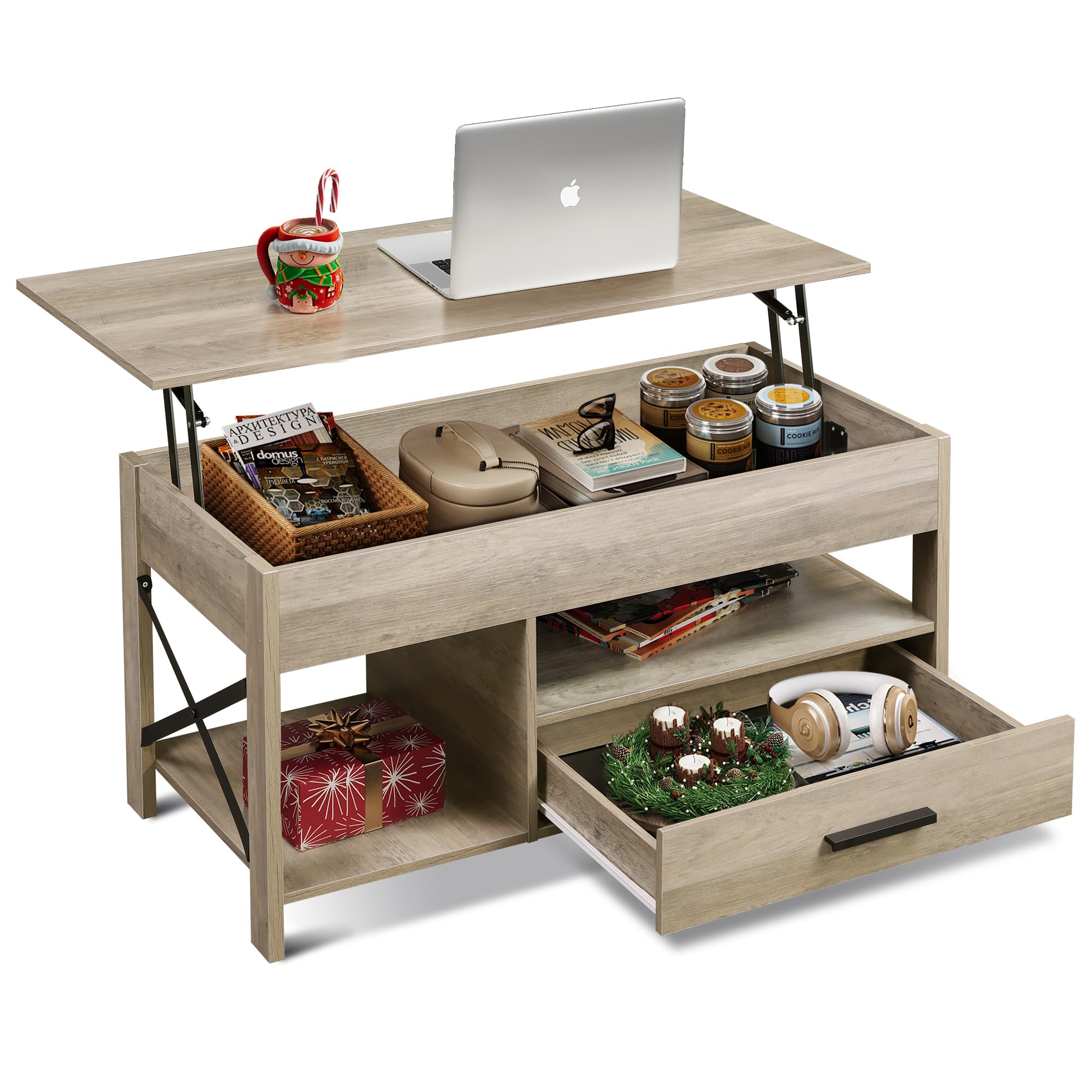 Wlive Coffee Table, 39' Lift Top Coffee Table With Hidden Compartment, Storage Drawers And Storage Shelf For Living Room, Reception Room, Grey