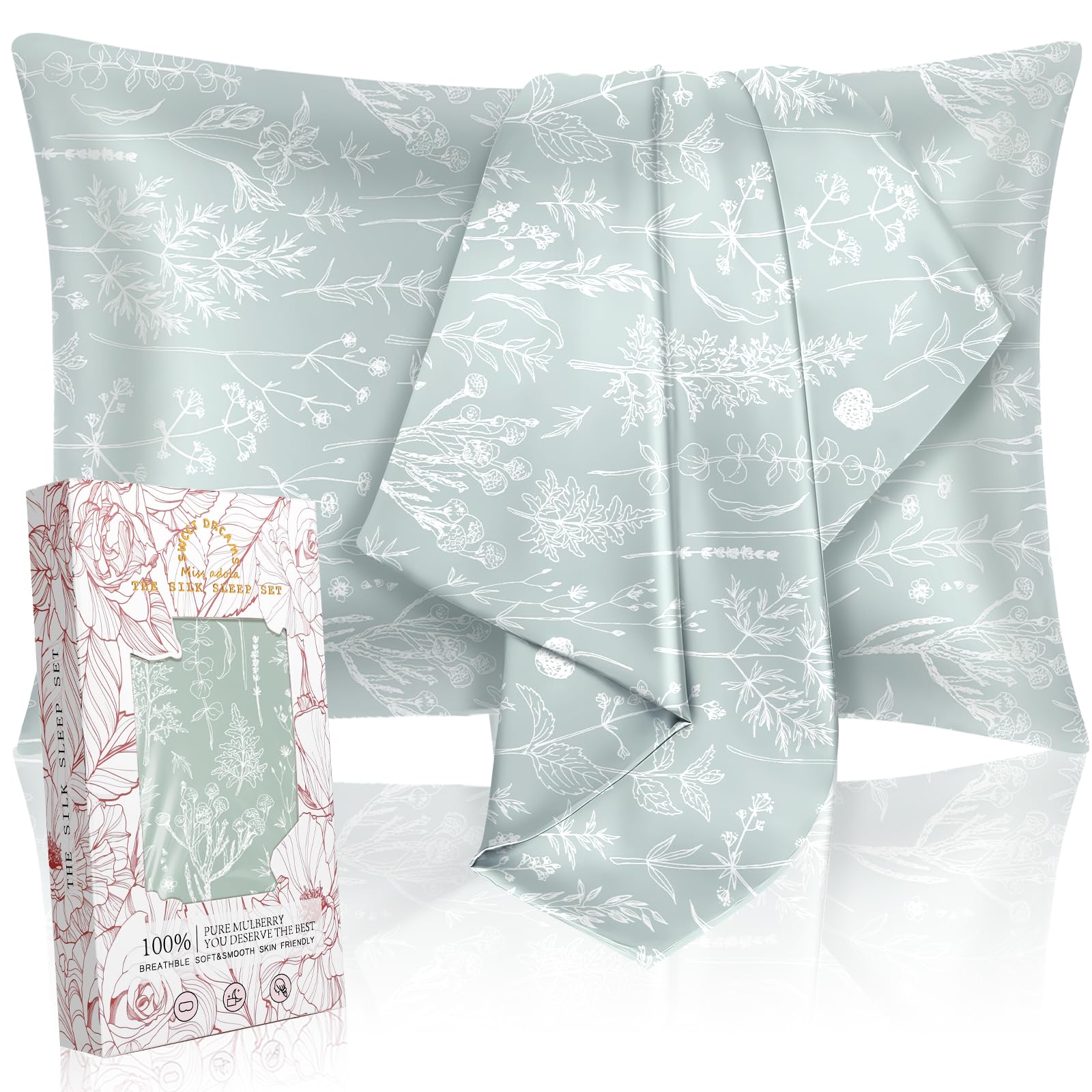 Miss Adola 2 Pack Mulberry Silk Pillow Case For Hair And Skin 19 Momme Standard 26'X20' Floral Plants Sage Green Silk Pillowca