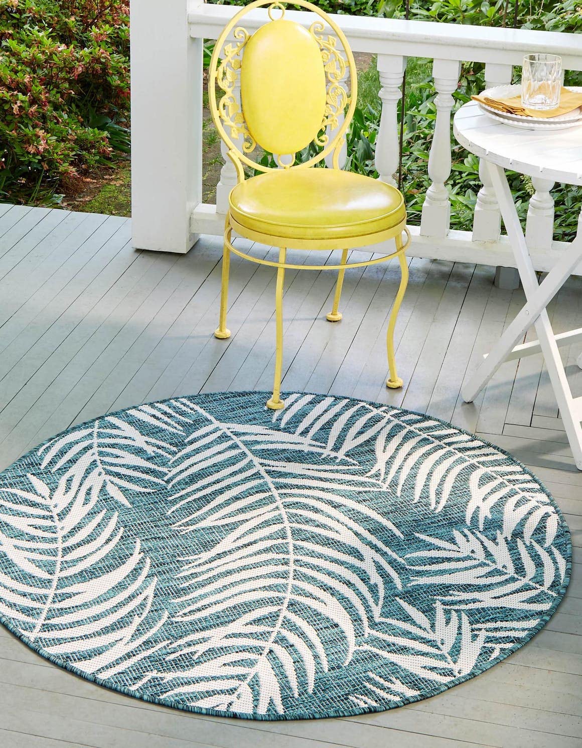 Unique Loom Outdoor Botanical Collection Area Rug - Palm (7 10 Round Teal/Ivory)